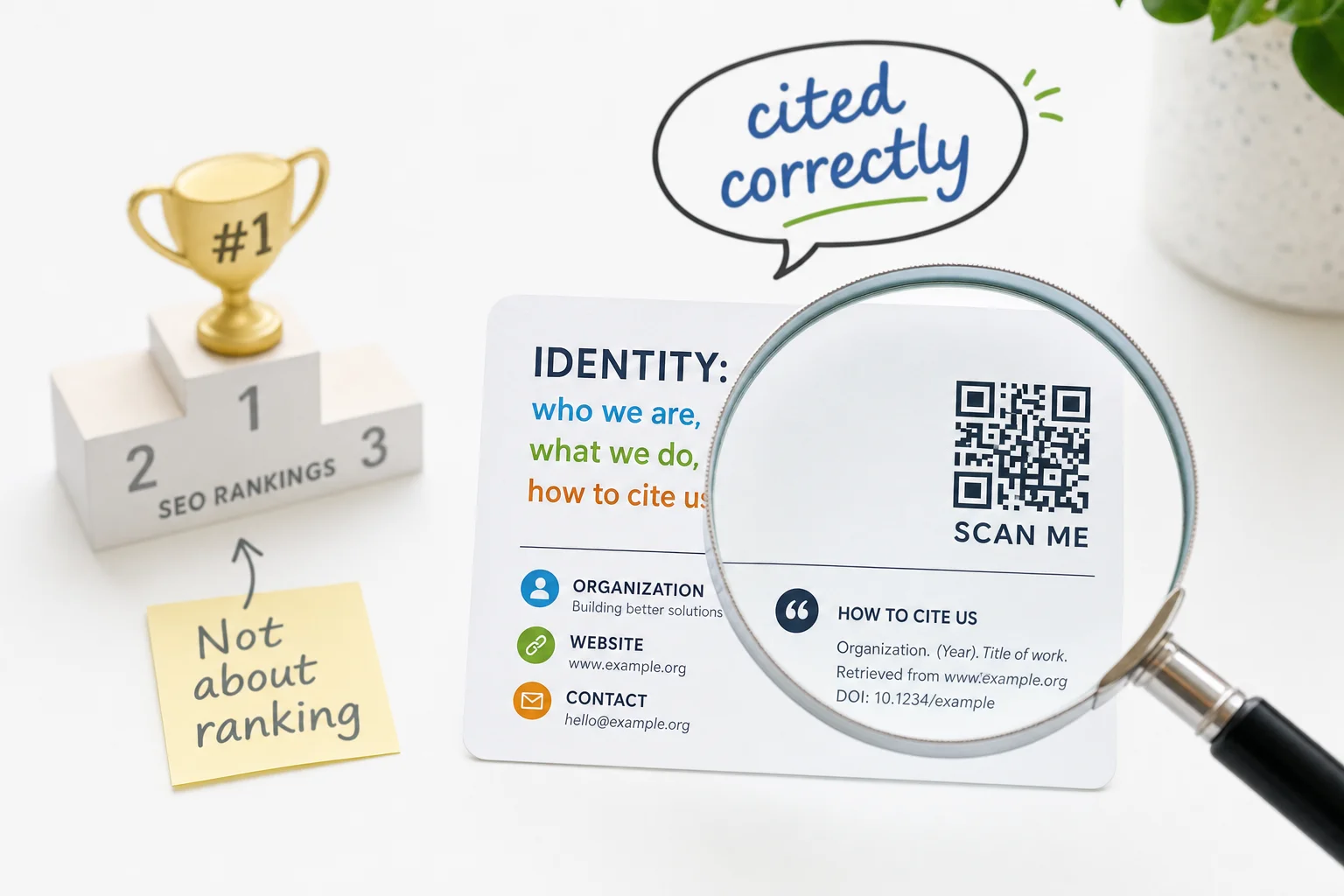A machine-readable business identity card being read through a magnifying glass with a speech bubble reading cited correctly, while a number one ranking podium is faded and pushed aside.