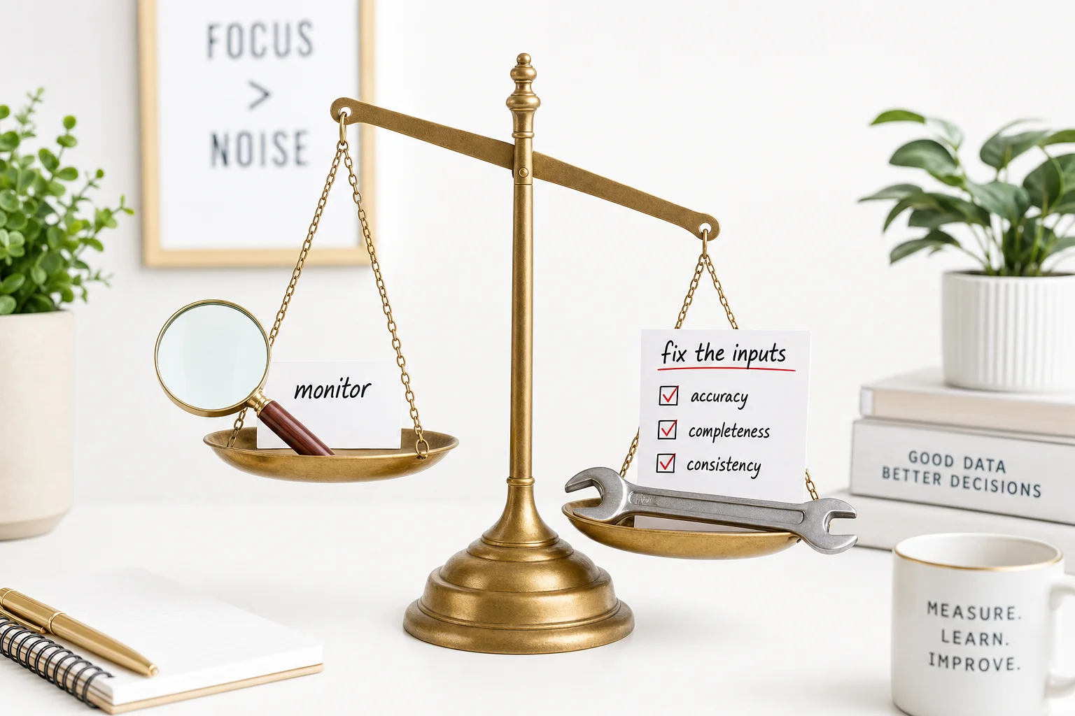 A small brass balance scale on a white desk, one pan holding a magnifying glass labelled monitor, the heavier pan holding a wrench and checklist labelled fix the inputs, tipping toward fix.