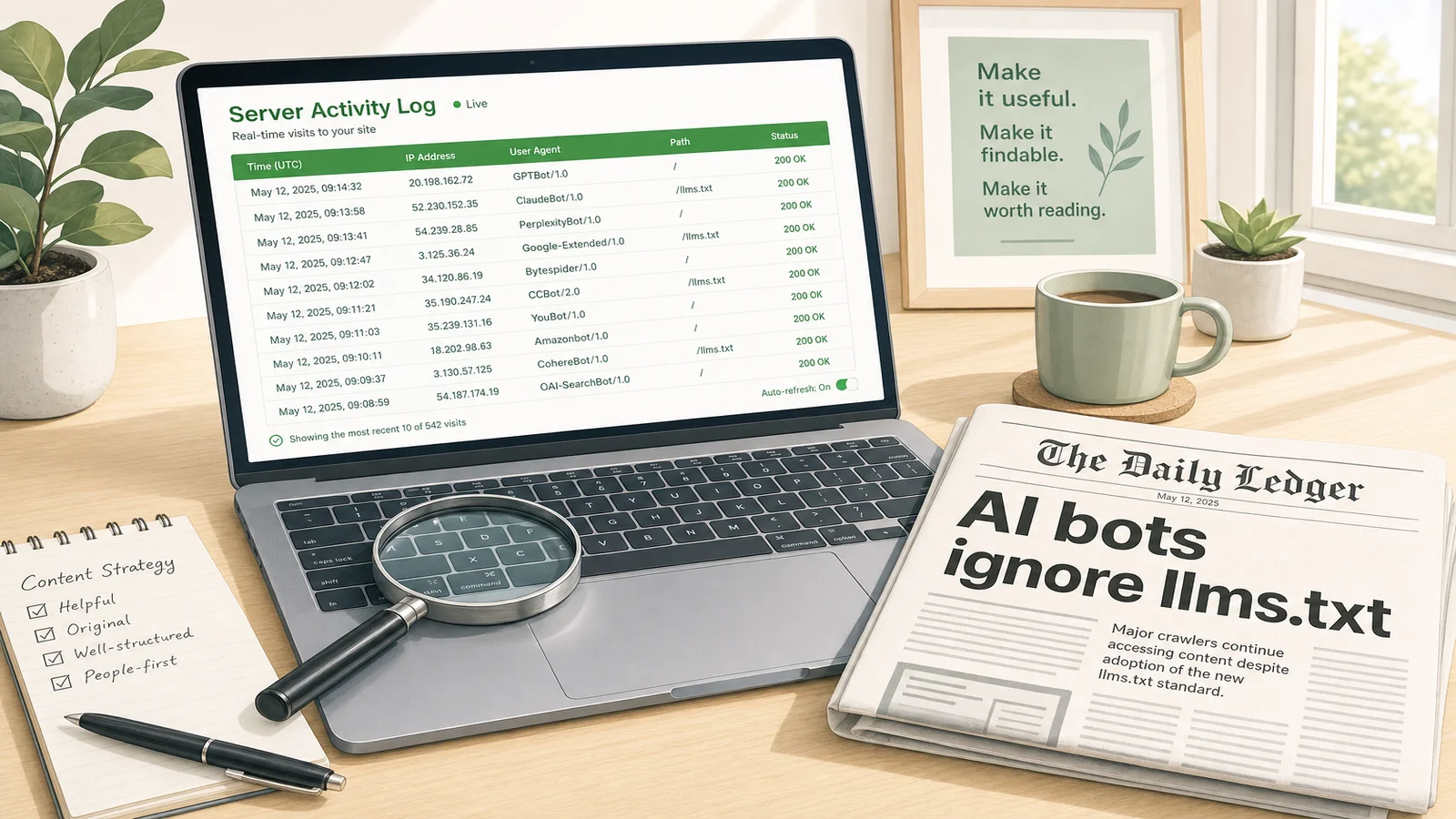 A laptop on a desk showing a green server-log list of AI crawler visits, next to a folded newspaper with the headline 'AI bots ignore llms.txt' and a magnifying glass resting on the keyboard