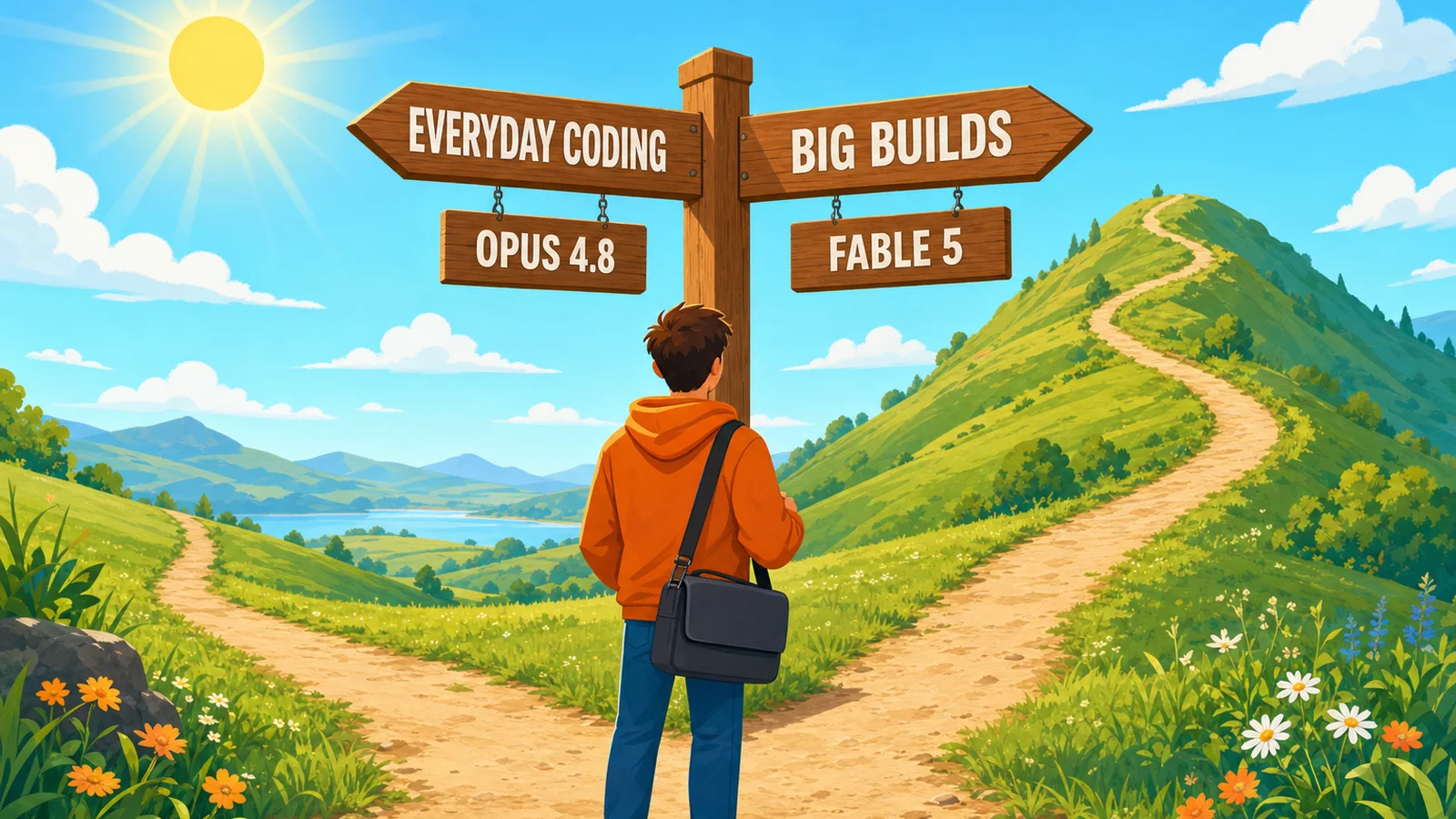 Illustration of a developer at a fork in a path, with signposts pointing to Opus 4.8 for everyday coding and Fable 5 for big builds