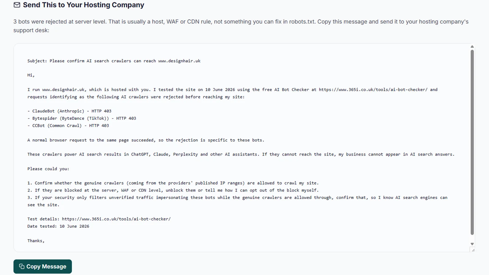 The AI Bot Checker's auto-generated message to a hosting company for a site scoring grade D, listing ClaudeBot, Bytespider, and CCBot rejected with HTTP 403