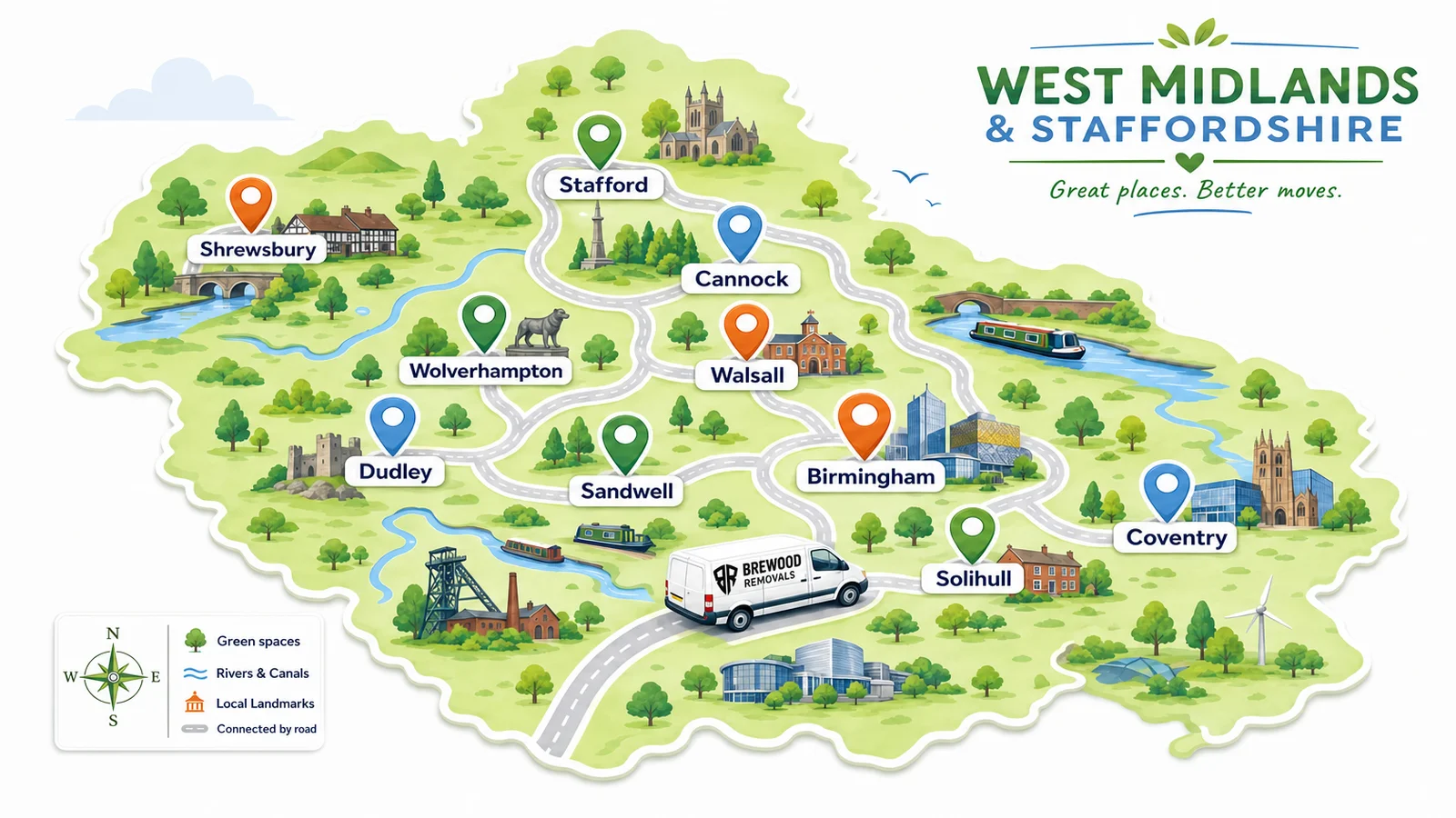 Bright stylised map of the West Midlands and Staffordshire with ten labelled location pins (Birmingham, Wolverhampton, Walsall, Cannock, Stafford, Dudley, Sandwell, Solihull, Coventry, Shrewsbury) and a small removals van on a connecting road.