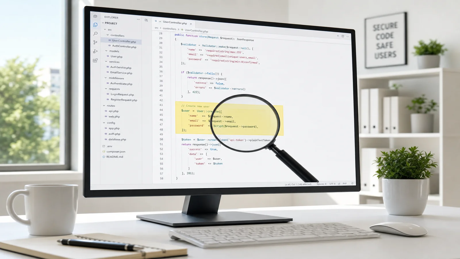 A monitor in a bright office showing source code with one block highlighted under review, a magnifying glass in front