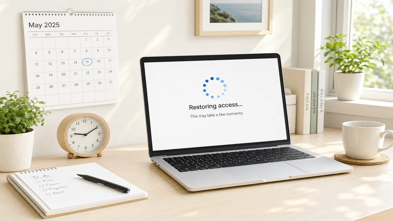 A tidy desk with a calendar, a clock, and a laptop showing a restoring-access loading spinner in soft daylight