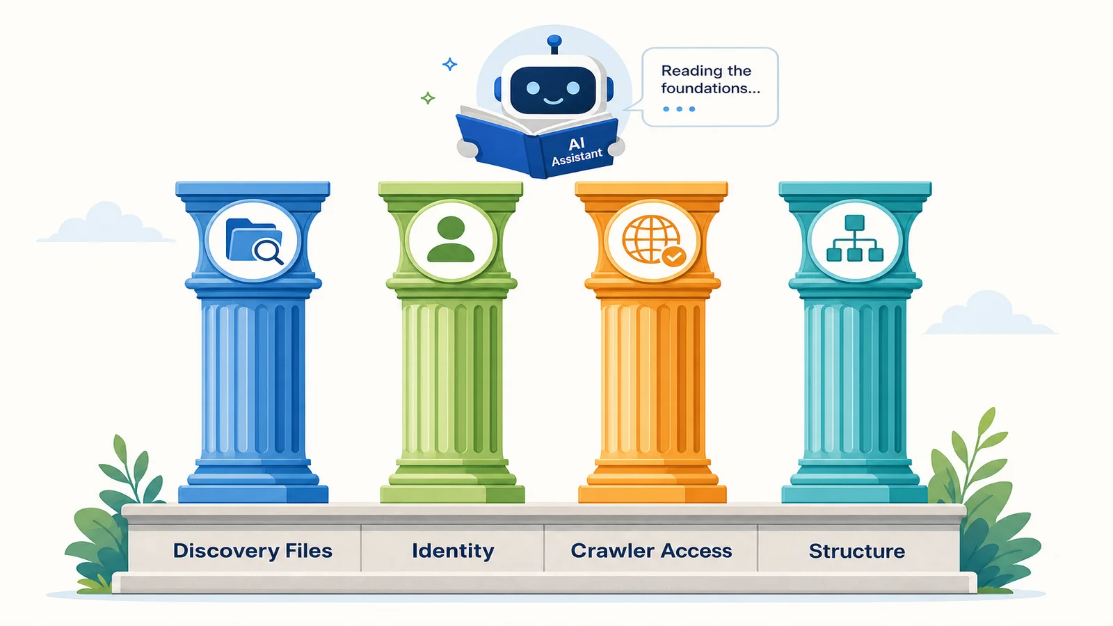 Illustration of four labelled pillars on a solid foundation captioned Discovery Files, Identity, Crawler Access and Structure, with an AI chat icon reading them.