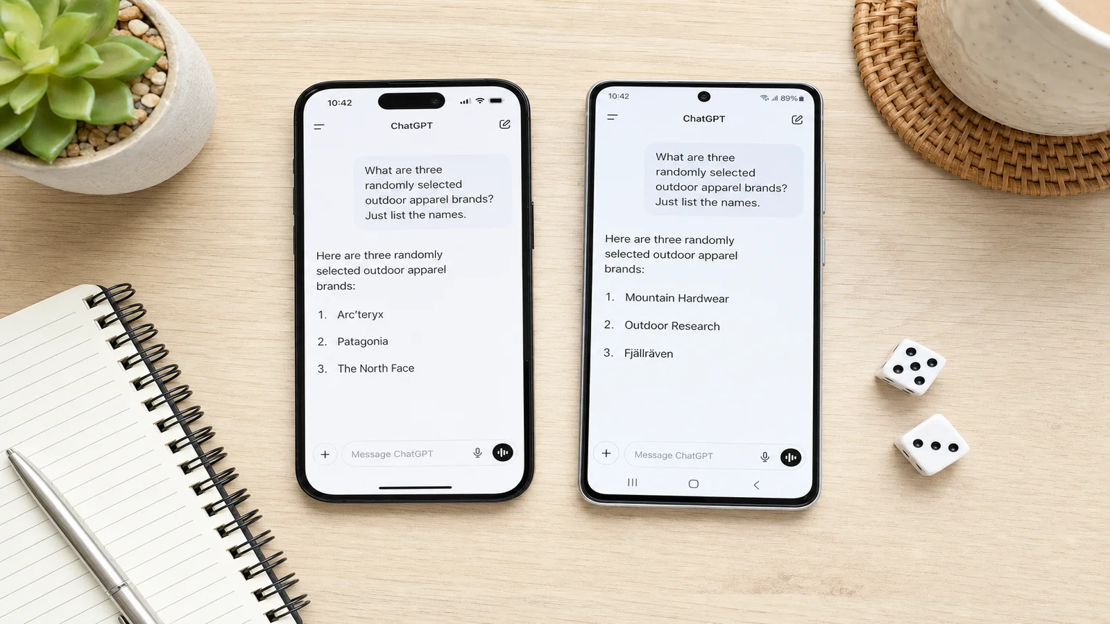 Two smartphones lying on a desk showing the same AI question but listing different brand names underneath each, with a pair of dice beside them.