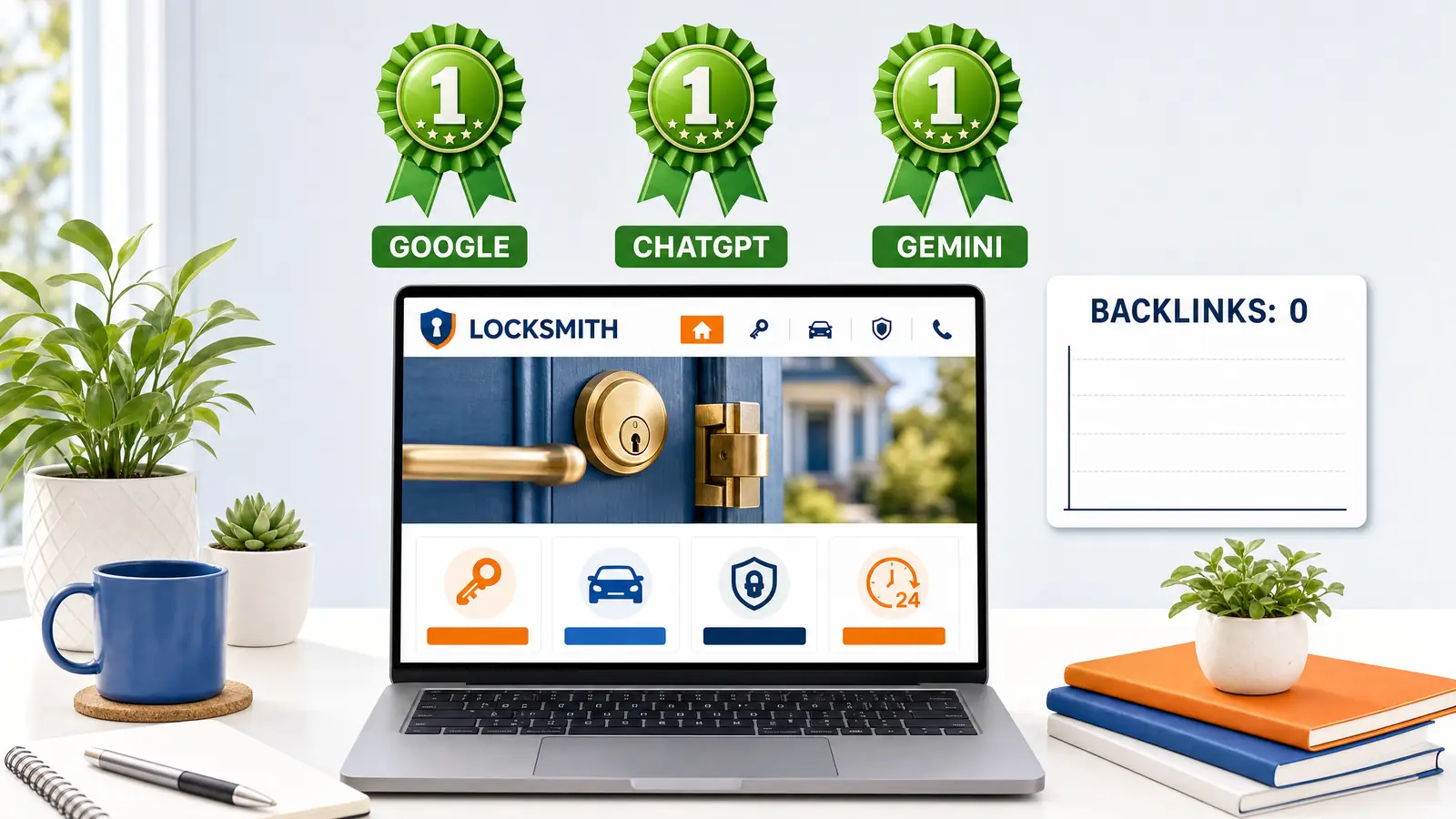 A brand-new local locksmith website on a laptop with three green number-one ranking badges floating above it labelled Google, ChatGPT and Gemini, beside a panel reading zero backlinks, on a bright airy desk.