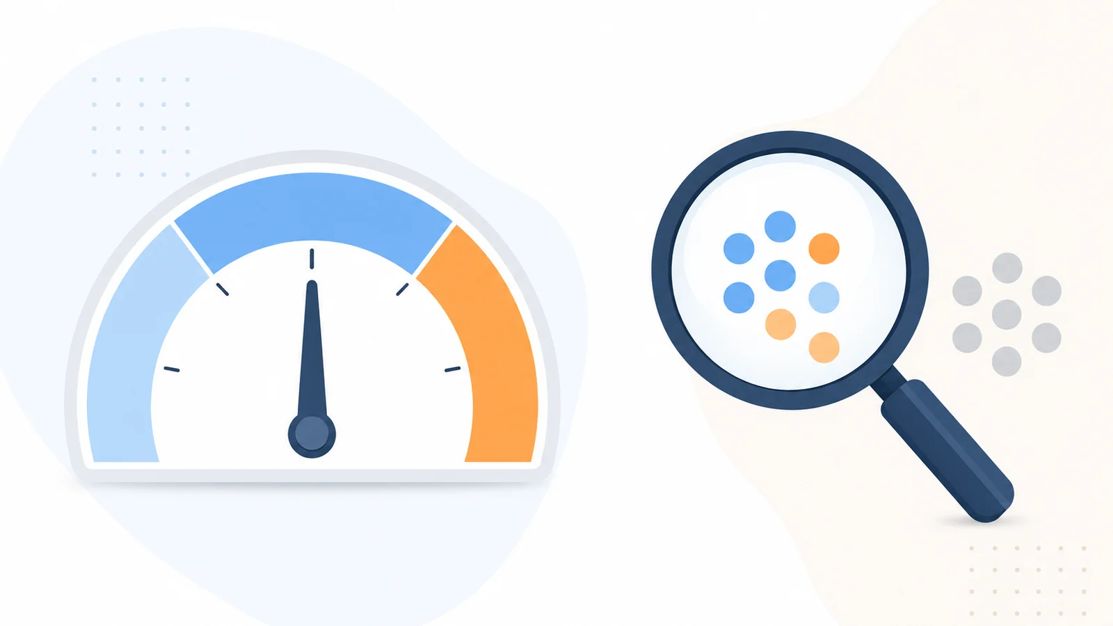 Infographic showing a speedometer gauge with the needle resting flat in the middle and a magnifying glass over a small cluster of dots, representing a steady average readiness score and a smaller measured sample