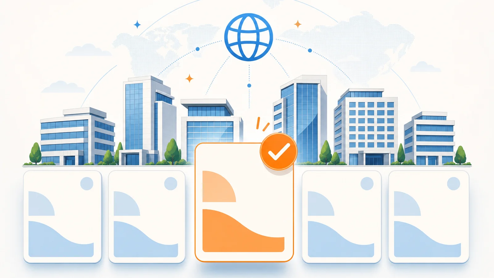 Flat-vector illustration of a row of corporate building icons and abstract brand cards on a light background, one card lifted and highlighted with an orange checkmark badge, representing large enterprises adopting AI Discovery Files