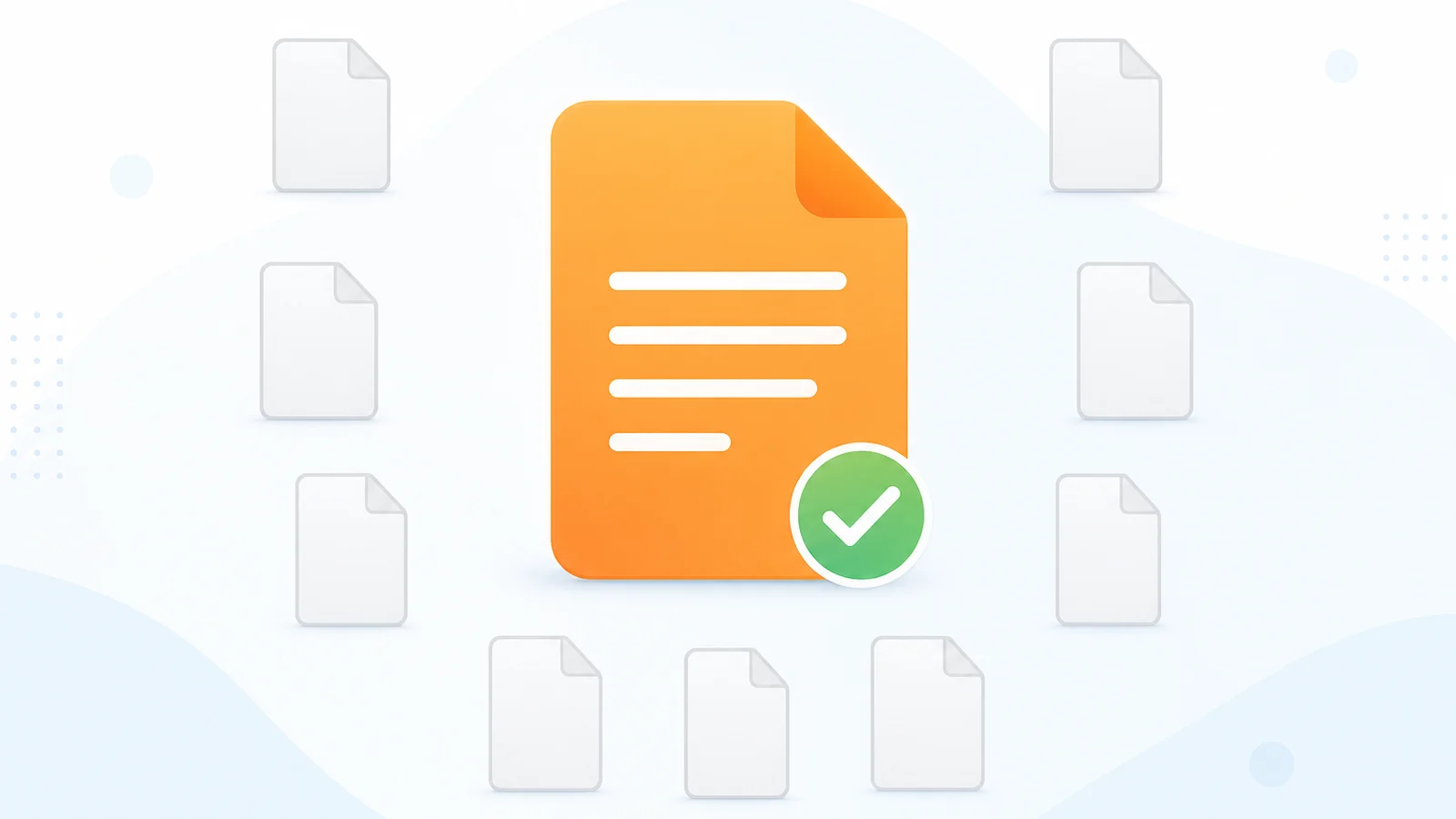 Illustration of one large orange document icon with a green checkmark standing prominently, surrounded by nine small faint greyed-out empty file icons, representing llms.txt dominating adoption while the other nine AI Discovery File types remain near zero
