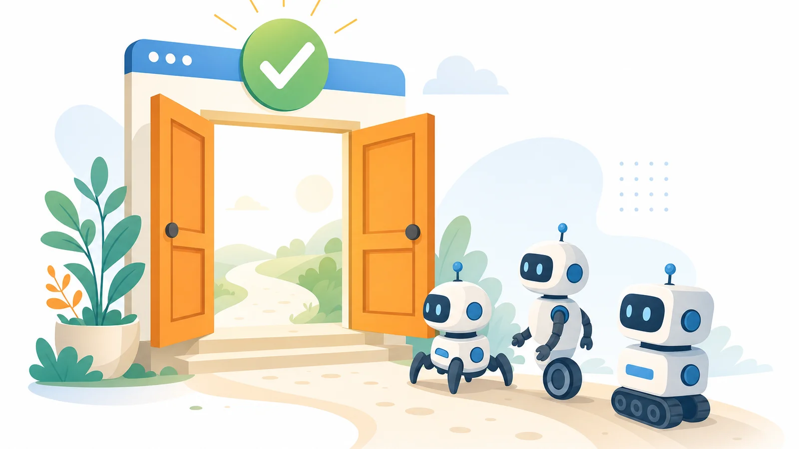 Flat-vector illustration of an open gateway with a green checkmark above it and small friendly crawler bot icons approaching along a path, representing websites explicitly allowing AI crawlers