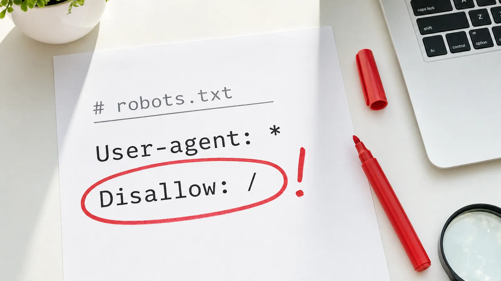 A printed robots.txt file on a bright desk with the line Disallow: / circled in red marker with an exclamation mark, next to the marker and a magnifying glass.