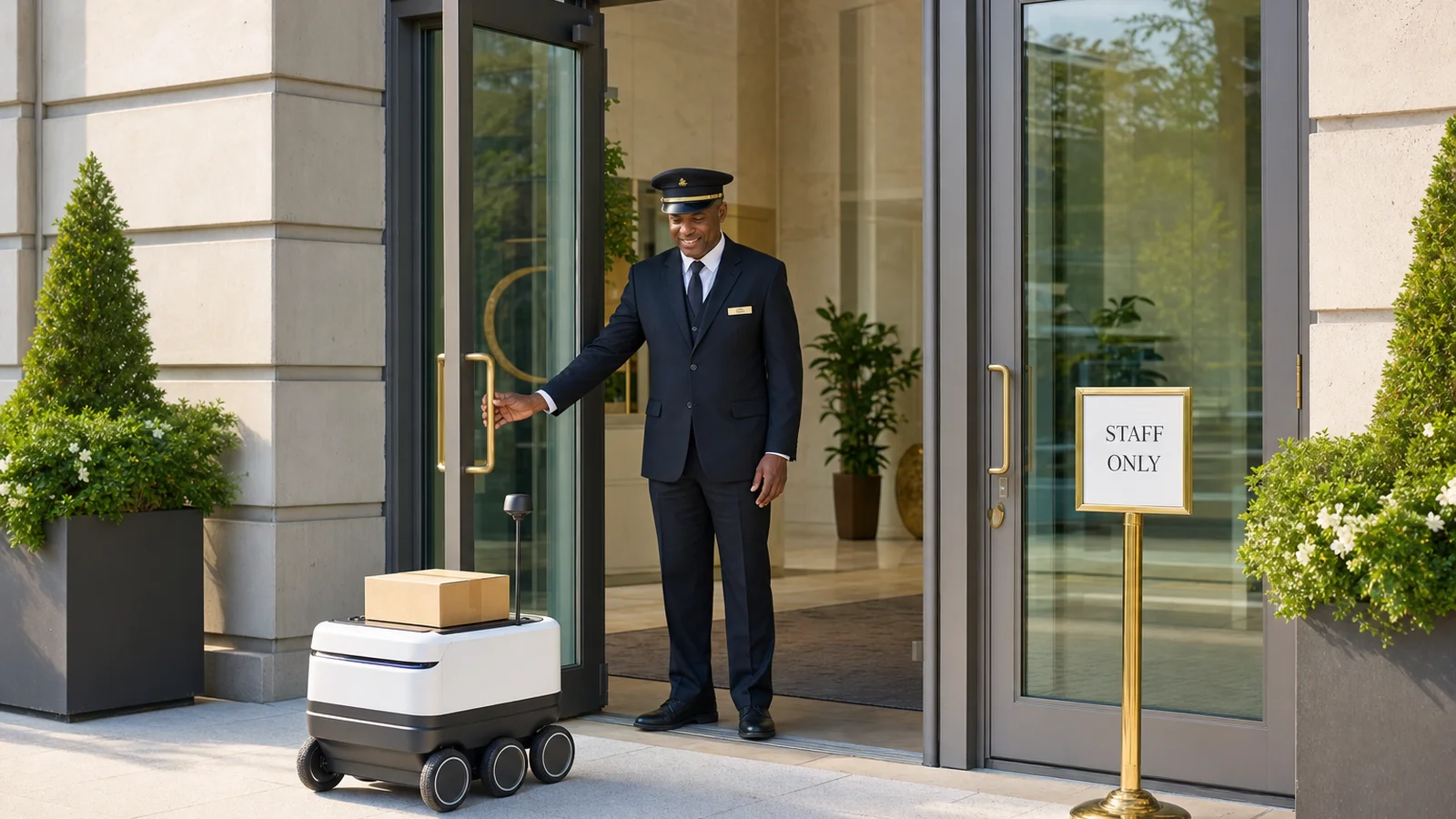 A doorman at a bright modern office entrance holds a glass door open for a small delivery robot, beside a second closed door with a polished Staff Only sign.