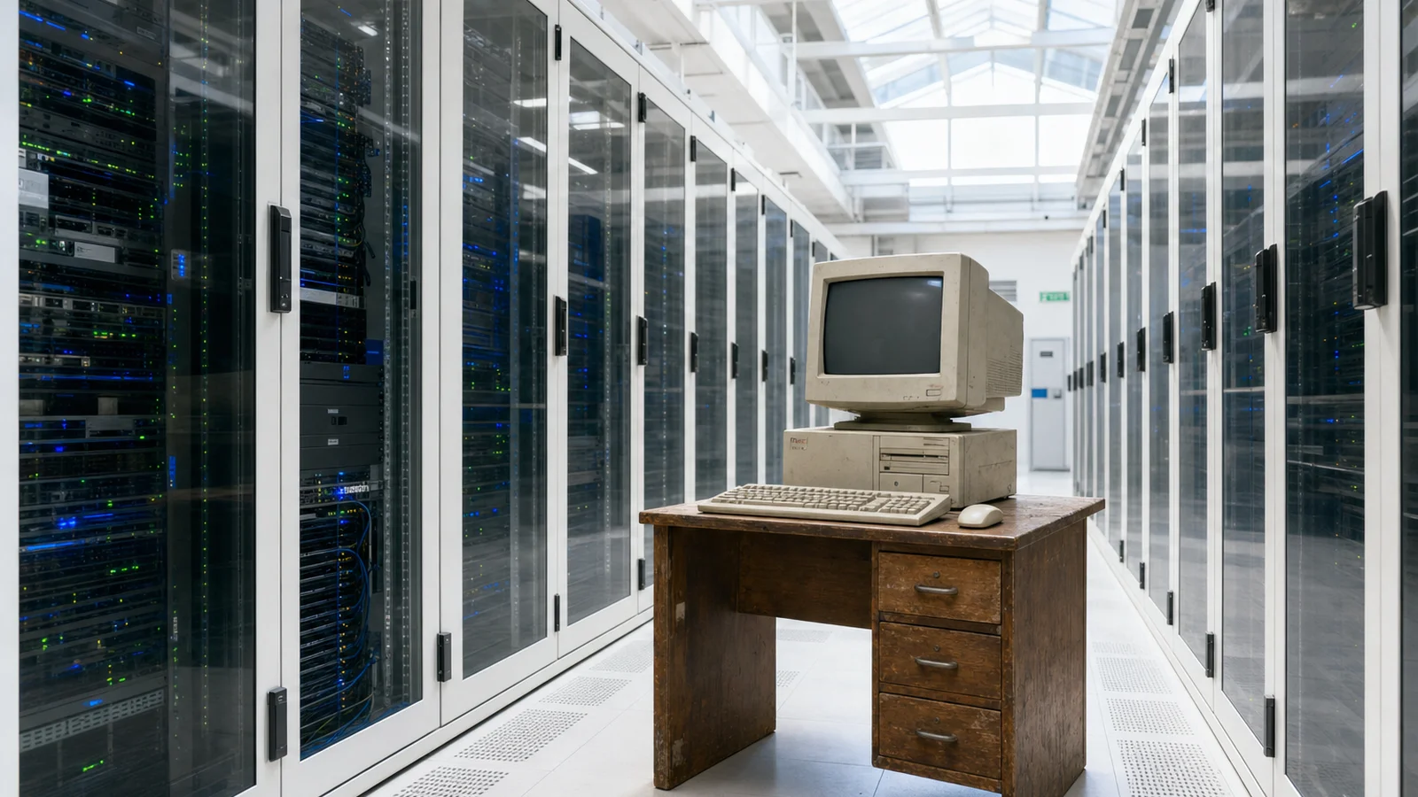 A dusty beige 1990s tower PC and CRT monitor on a wooden desk standing in the middle of a bright modern data centre aisle.