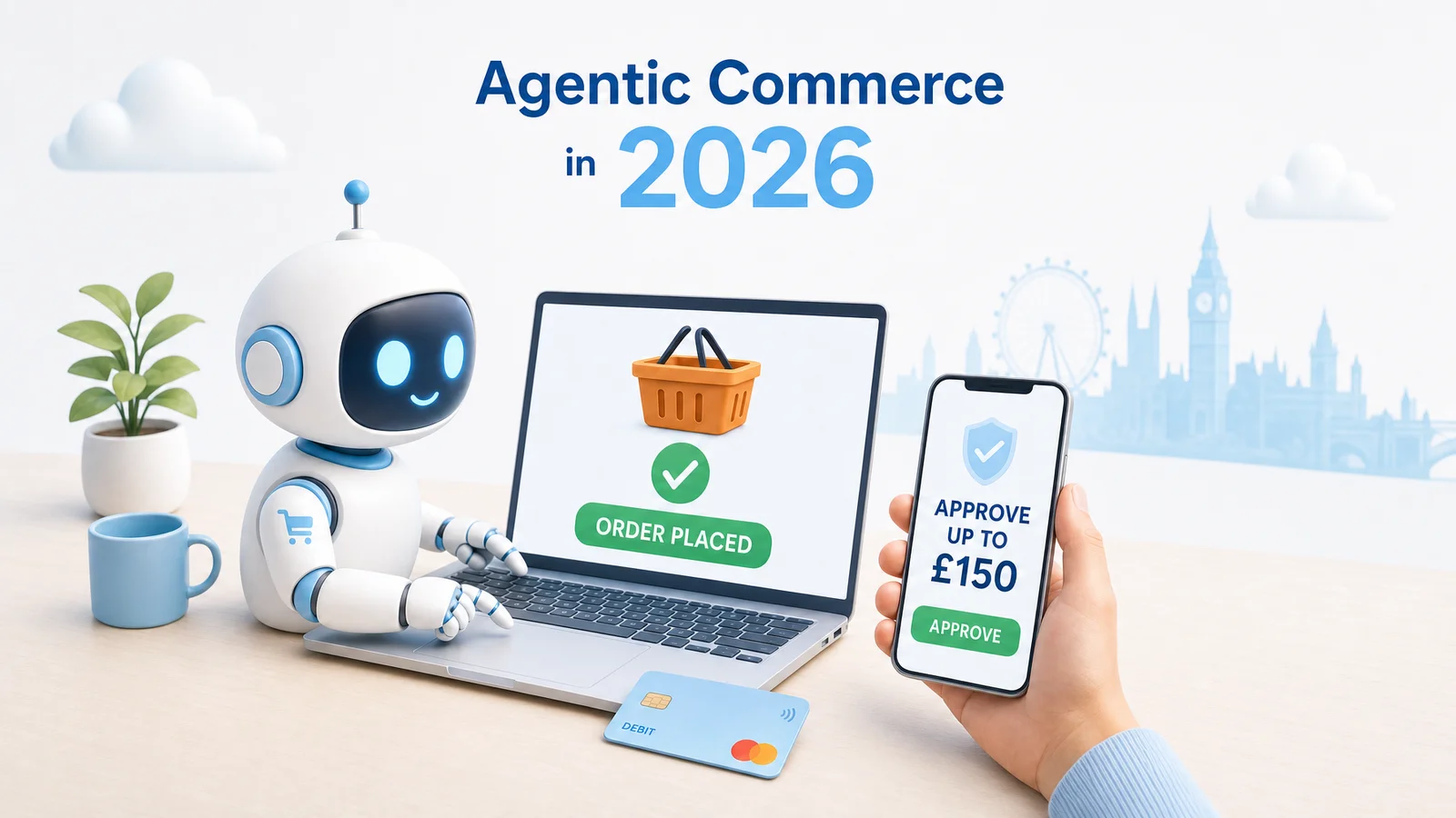 Illustration of a white robot completing an online purchase on a laptop showing a basket and a green order placed tick, while a human hand holds a phone approving a spend limit of 150 pounds.
