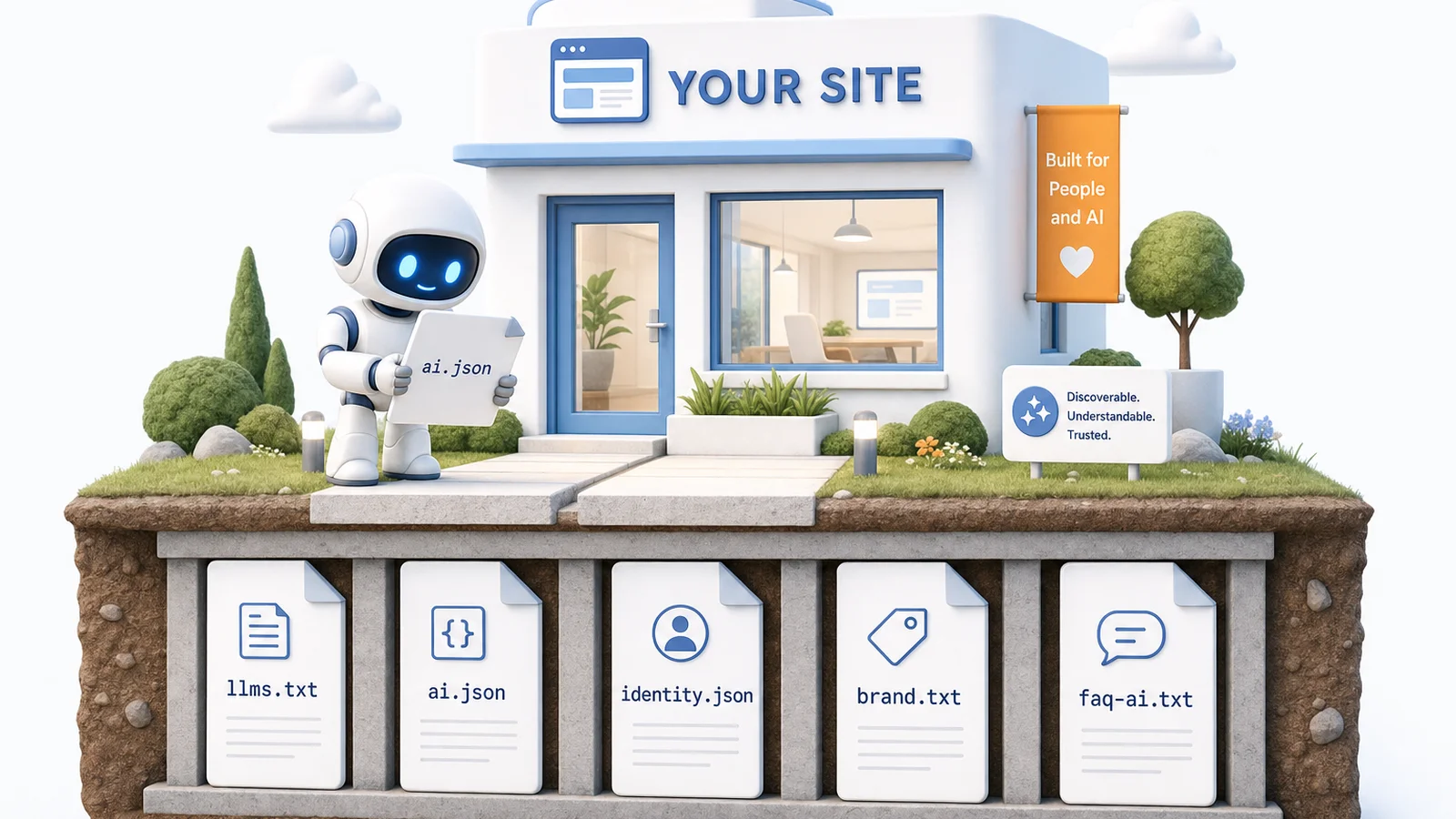 Illustration of a small website building resting on foundation piles shaped like document cards labelled llms.txt, ai.json, identity.json, brand.txt, and faq-ai.txt, with a white robot reading a matching card.