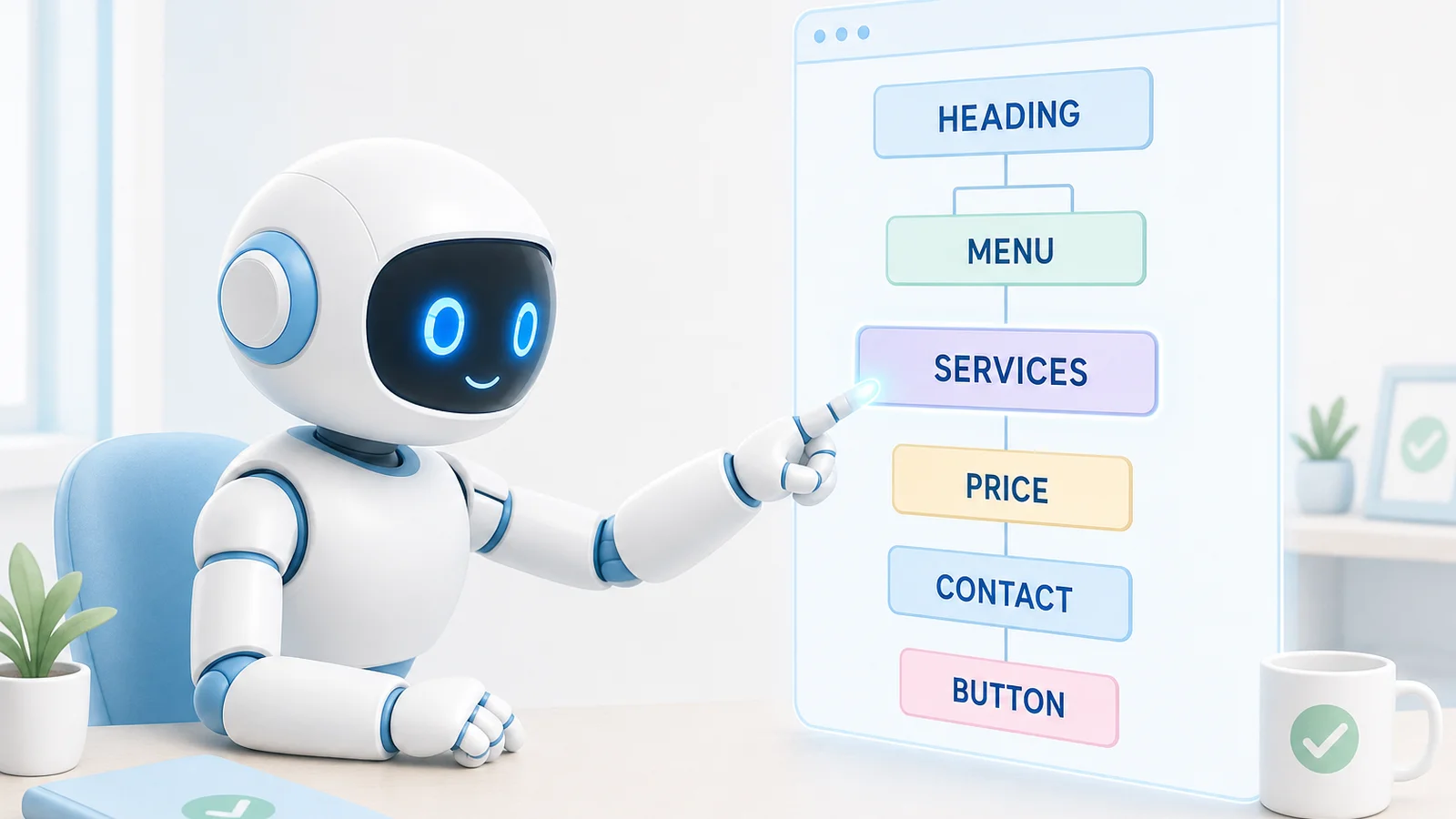 Illustration of a white robot reading a webpage rendered as a tidy tree of labelled blocks: heading, menu, services, price, contact, and button, connected by thin lines.