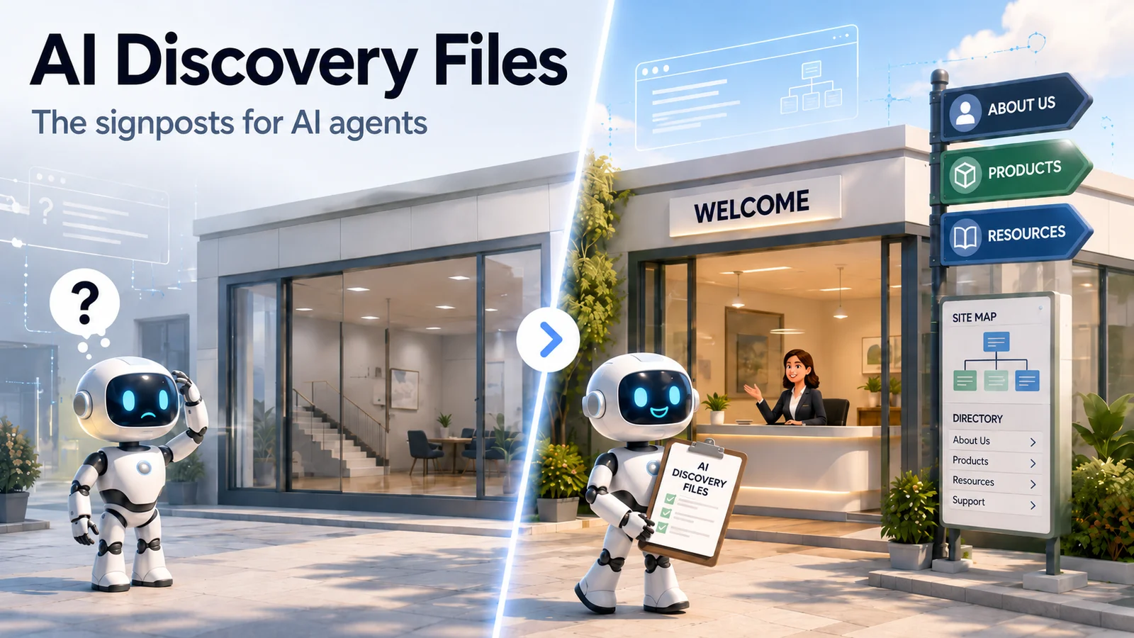 Illustration of the same robot visiting two buildings: outside an unmarked building it is confused, while at a building with a welcome sign, reception desk, directory, and signposts it walks in holding an AI Discovery Files checklist.