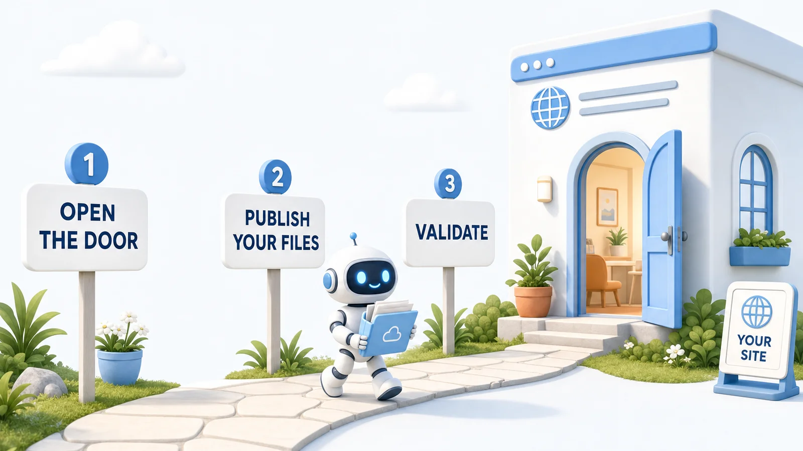 Illustration of a path with three signposts reading open the door, publish your files, and validate, leading to a website-styled building with an open door, with a white robot walking the path.