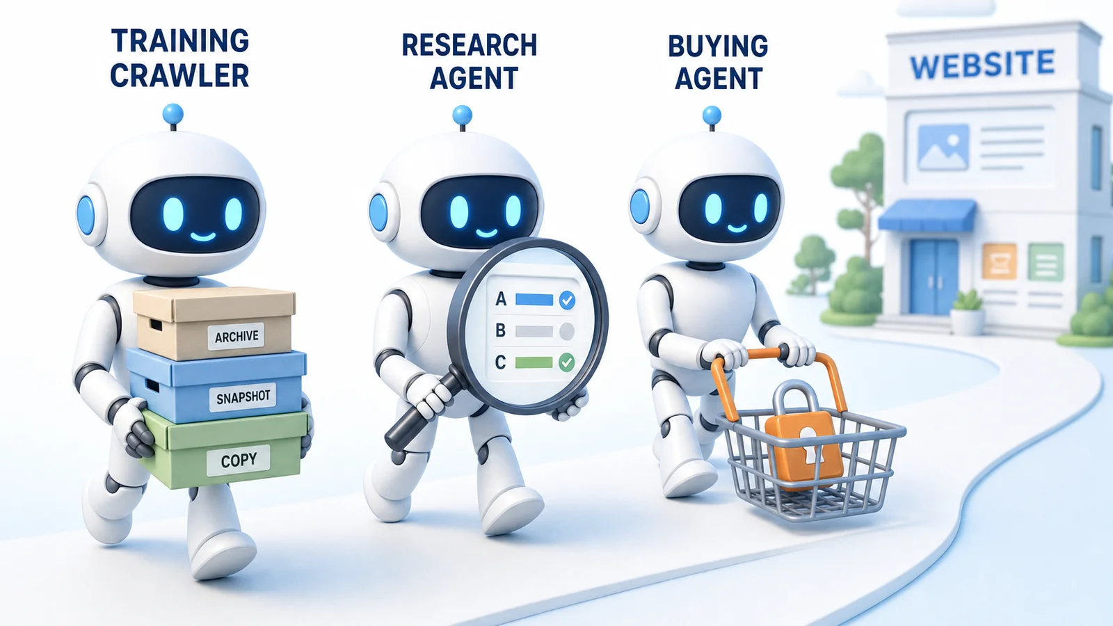 Illustration of three white robots approaching a website-styled building: one carrying archive boxes labelled training crawler, one holding a magnifying glass labelled research agent, and one pushing a shopping basket labelled buying agent.