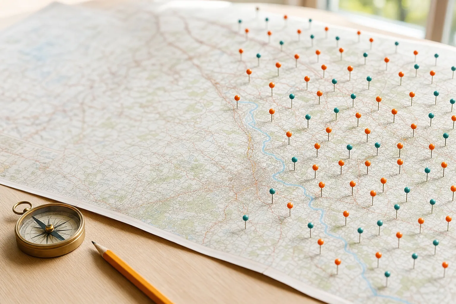 A paper road map of an English county spread on a table, with a tidy grid of orange and teal map pins pushed into towns across one side, the pins thinning out into blurred unmarked countryside on the other, a brass compass and pencil resting on the table edge