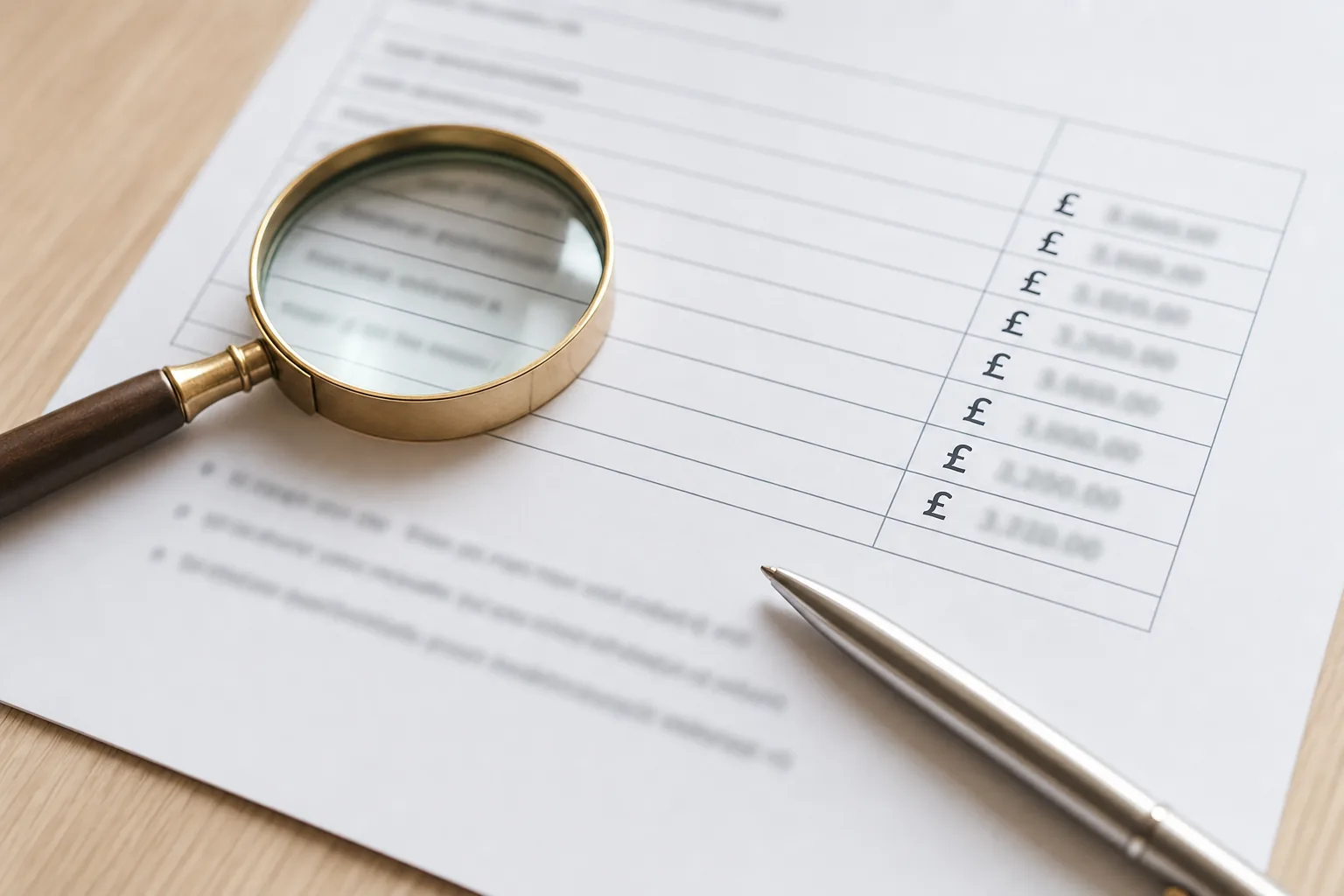 A printed itemised tradesman's quotation on a desk, showing a column of ruled line items against a column of prices in pounds sterling, with a magnifying glass resting over one row and a pen alongside