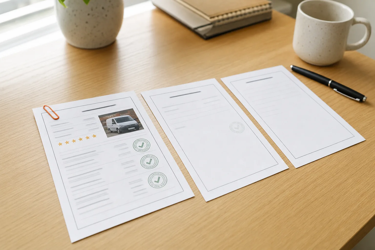 Three printed business profile sheets laid out on a desk: the left one dense with detail, a star rating, a photograph of a van and three green verification stamps, the middle one mostly empty with a single faint stamp, the right one blank apart from ruled lines