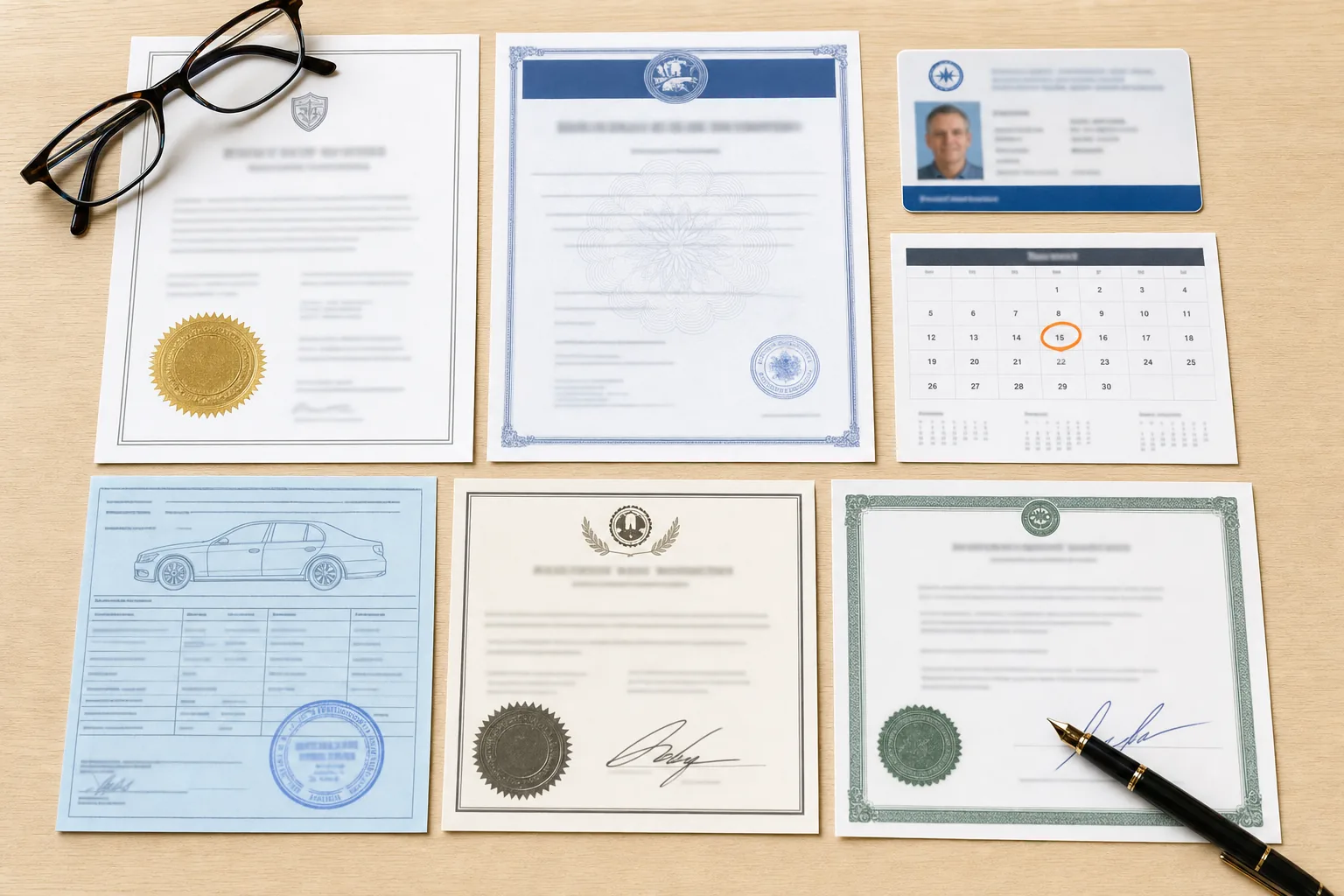 Overhead flat-lay of six official documents on a desk: an insurance certificate with a gold foil seal, a background-check certificate with a security watermark, a photo identity card, a calendar page with a date circled, a vehicle inspection record and a signed guarantee, with reading glasses and a fountain pen alongside