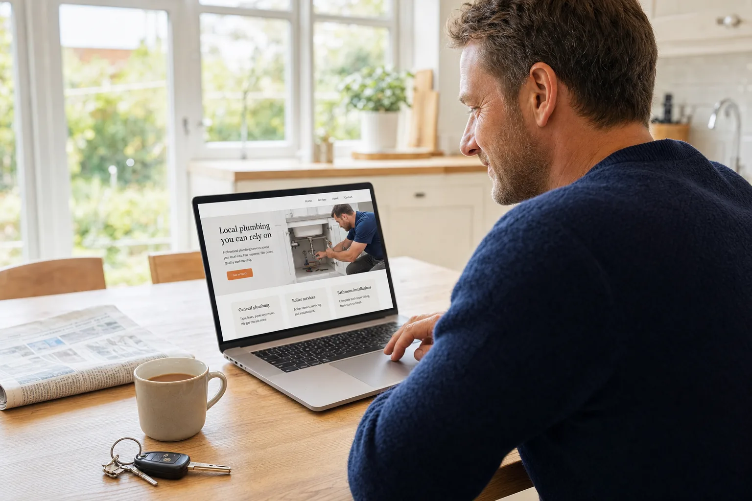 A tradesman in a navy jumper sitting at a sunlit kitchen table, seen over his shoulder, smiling at a laptop showing a clean plumbing website with services listed beneath the header
