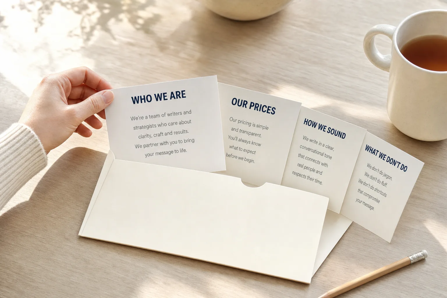 An open card wallet on a bright desk with four printed cards fanned out, headed Who We Are, Our Prices, How We Sound and What We Don't Do, each with a short paragraph beneath