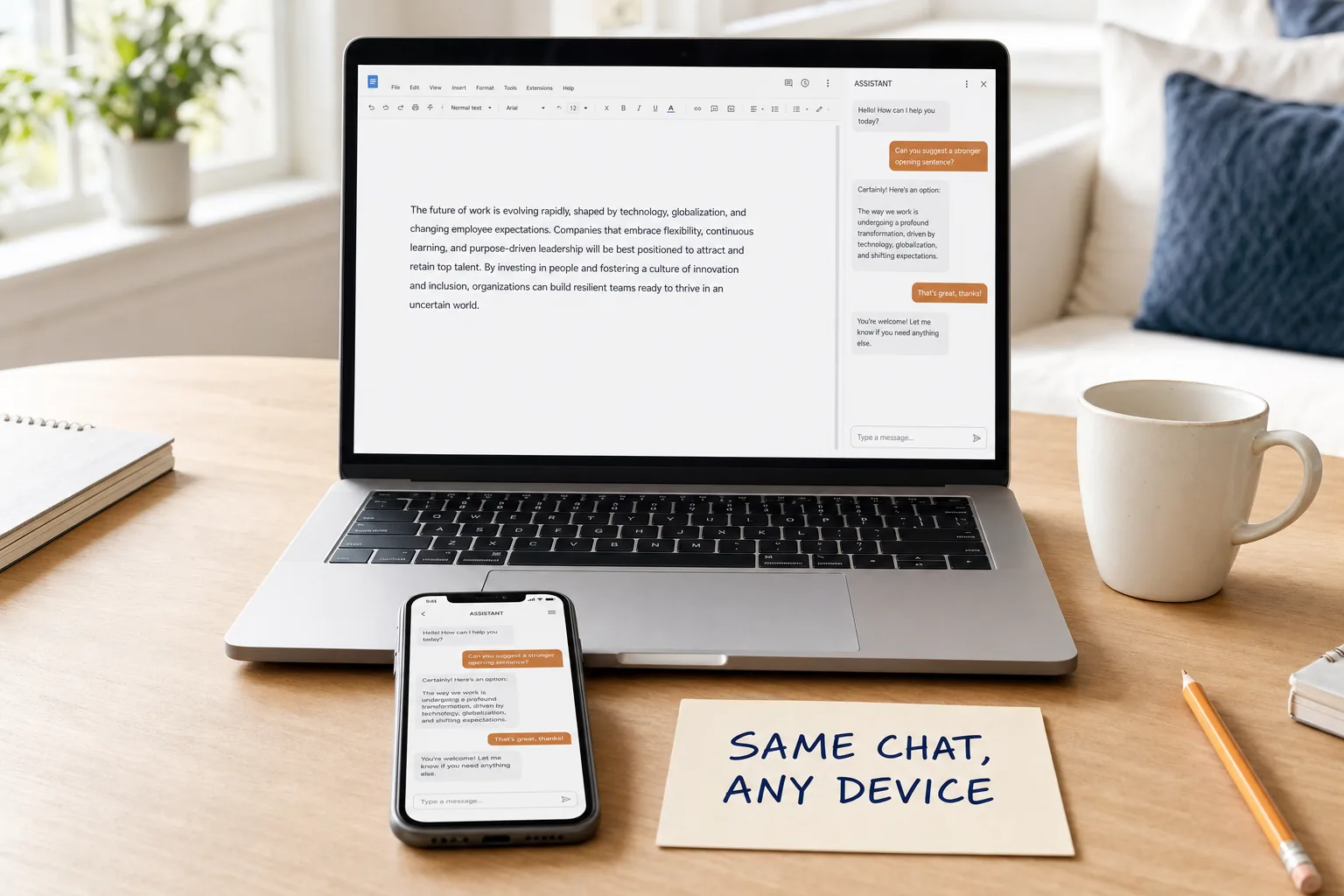 A laptop on a bright desk showing a document with an AI assistant panel docked down the right-hand side of the same screen, with a phone in front showing the same conversation continuing, and a card reading Same chat, any device