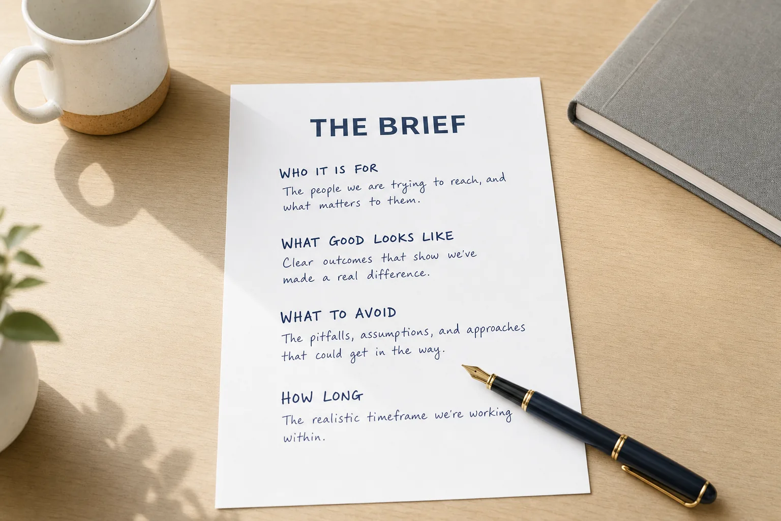 A printed sheet headed The Brief on a sunlit desk, with handwritten sections for who it is for, what good looks like, what to avoid and how long, and a fountain pen resting across the corner