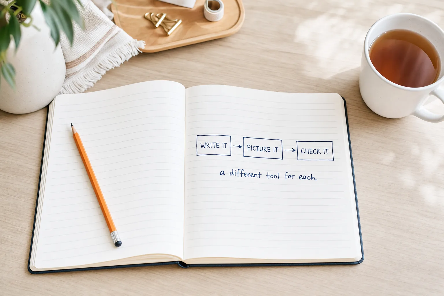 An open notebook on a bright desk showing a hand-drawn workflow of three boxes labelled Write It, Picture It and Check It, connected by arrows, with the note a different tool for each written underneath