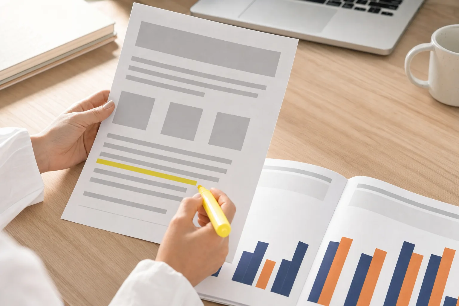 Hands holding a printed page with placeholder text lines on a bright desk, one line marked with a yellow highlighter, beside an open report showing a navy and orange bar chart