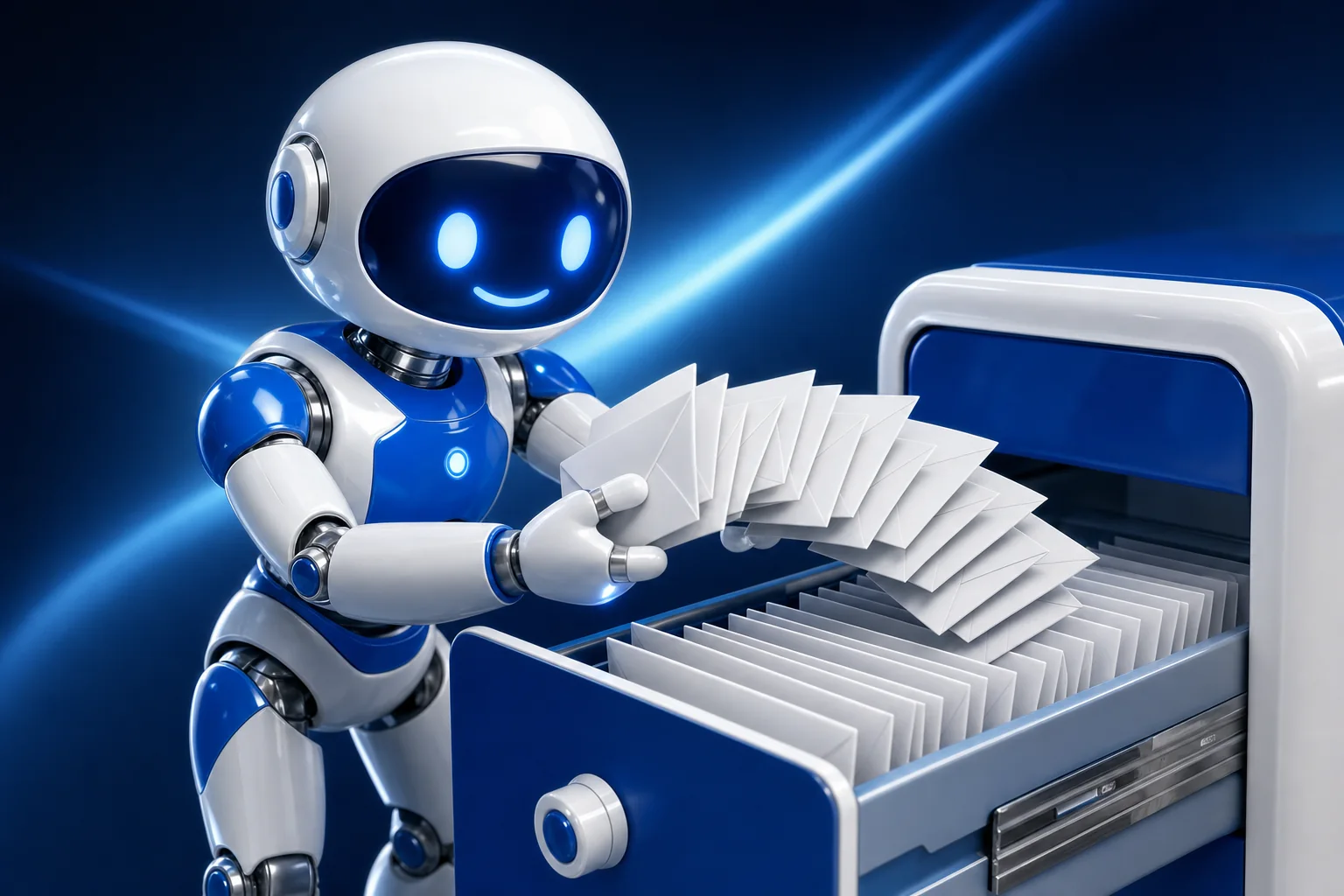 Glossy 3D illustration of Pip, a small white and blue robot, sweeping a whole fan of envelopes at once into an open filing cabinet drawer already packed with upright post, representing up to 500 messages filed in a single call