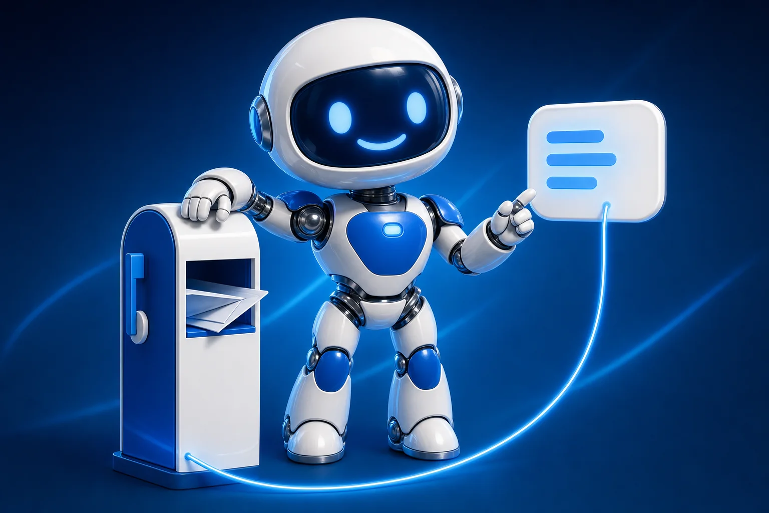 Glossy 3D illustration of Pip, a small white and blue robot, resting one hand on a blue postbox and gesturing to a floating panel on the other side, the two joined by a single glowing blue cable, representing an AI client reaching a mailbox through a remote MCP connector