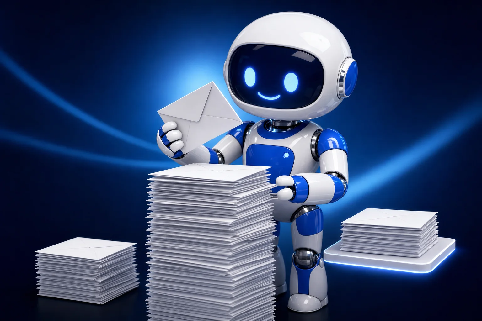 Glossy 3D illustration of Pip, a small white and blue robot, holding up one envelope above a tall stack of post with two smaller sorted piles beside it, one raised on a lit platform, representing a triage pass that holds some messages back for a human