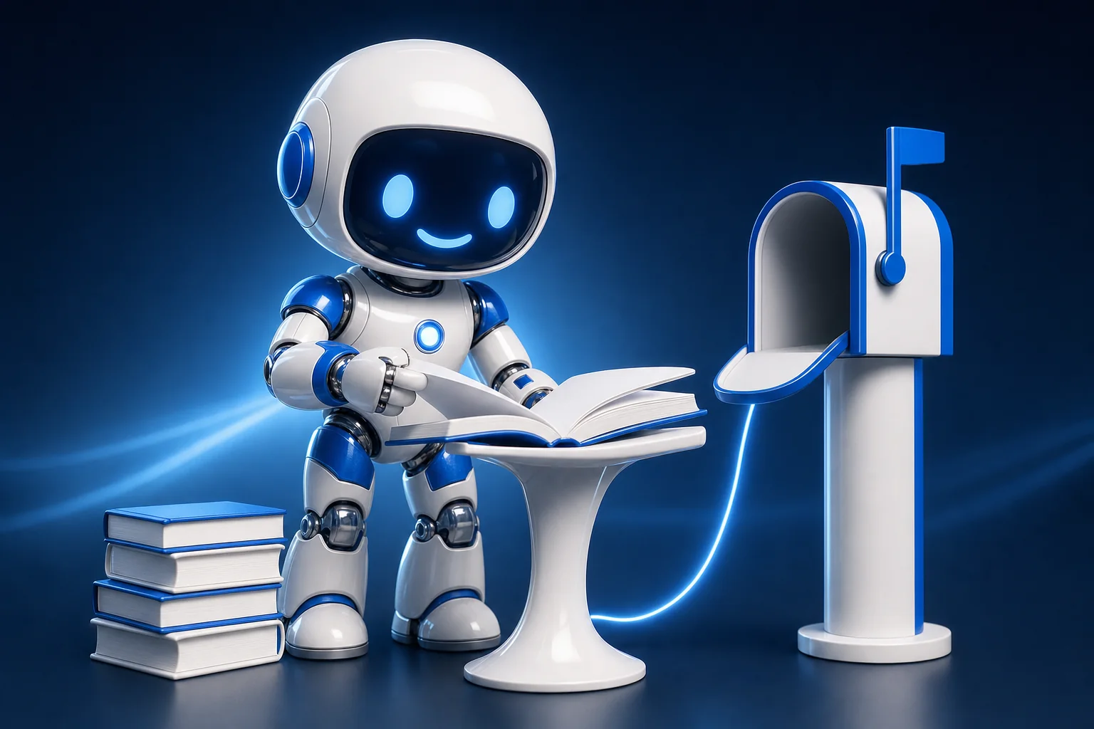 Glossy 3D illustration of Pip, a small white and blue robot, reading a large open book on a lectern with a stack of further books beside him and a postbox joined to the lectern by a glowing blue cable, representing written setup documentation for each AI client
