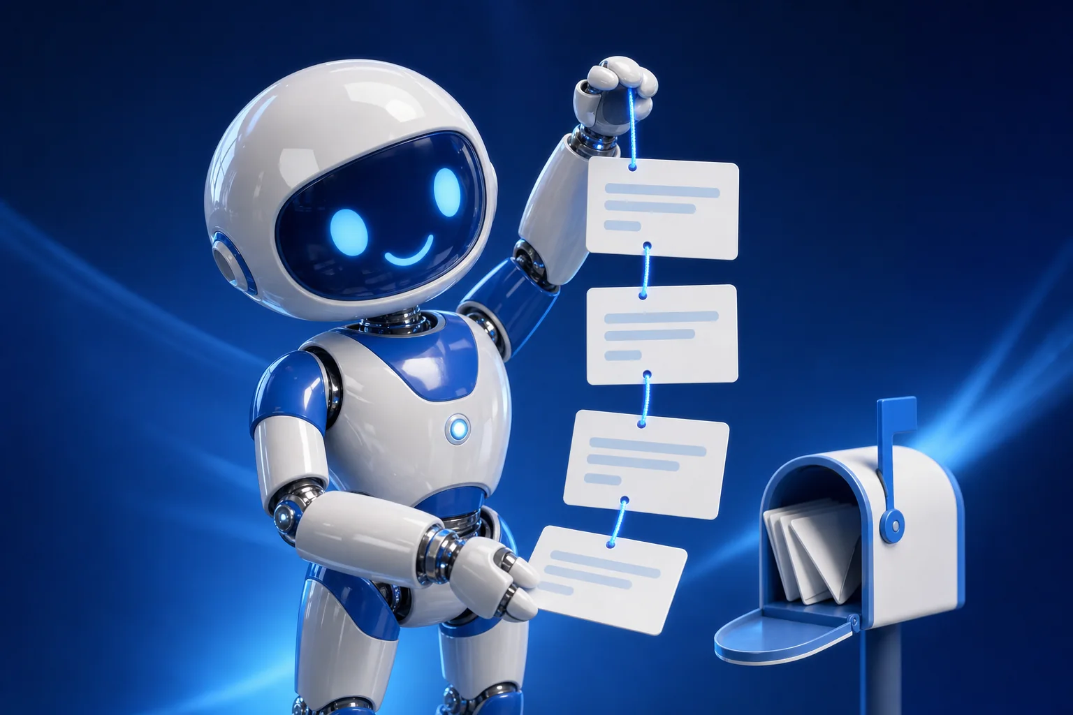 Glossy 3D illustration of Pip, a small white and blue robot, holding up a vertical chain of four message cards linked by one continuous glowing blue thread, with a postbox beside him, representing a reply that keeps its conversation threading headers intact