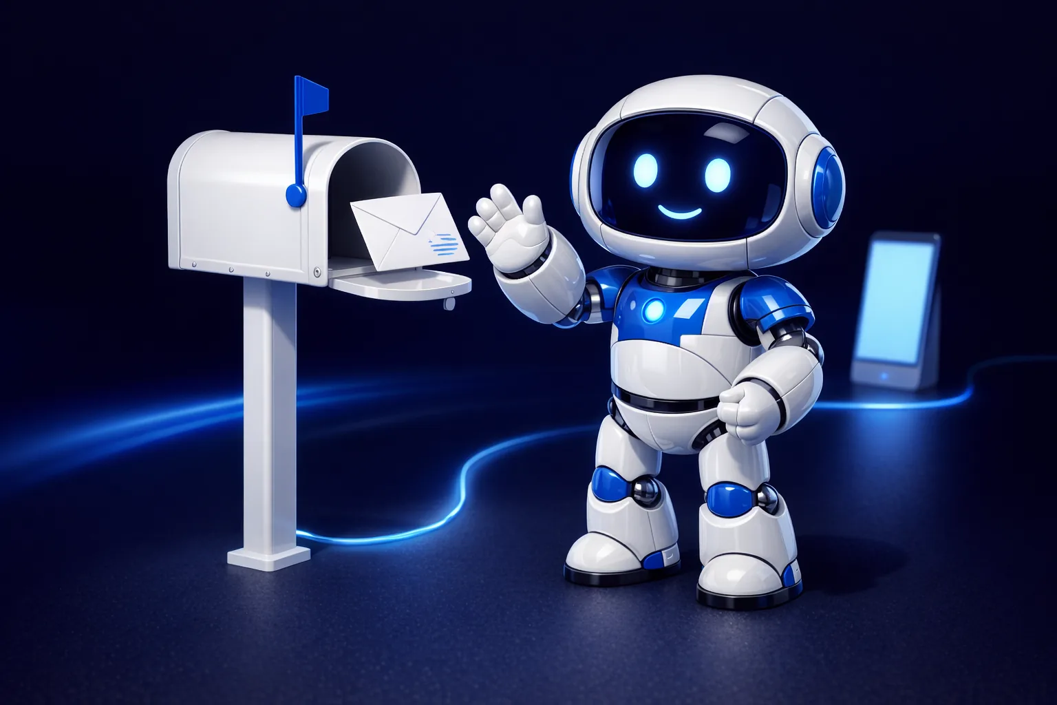 Glossy 3D illustration of Pip, a small white and blue robot, standing at an open mailbox with a sealed envelope resting on its door, one hand raised beside his head and the other on his hip, looking toward the viewer as if asking permission before the letter goes