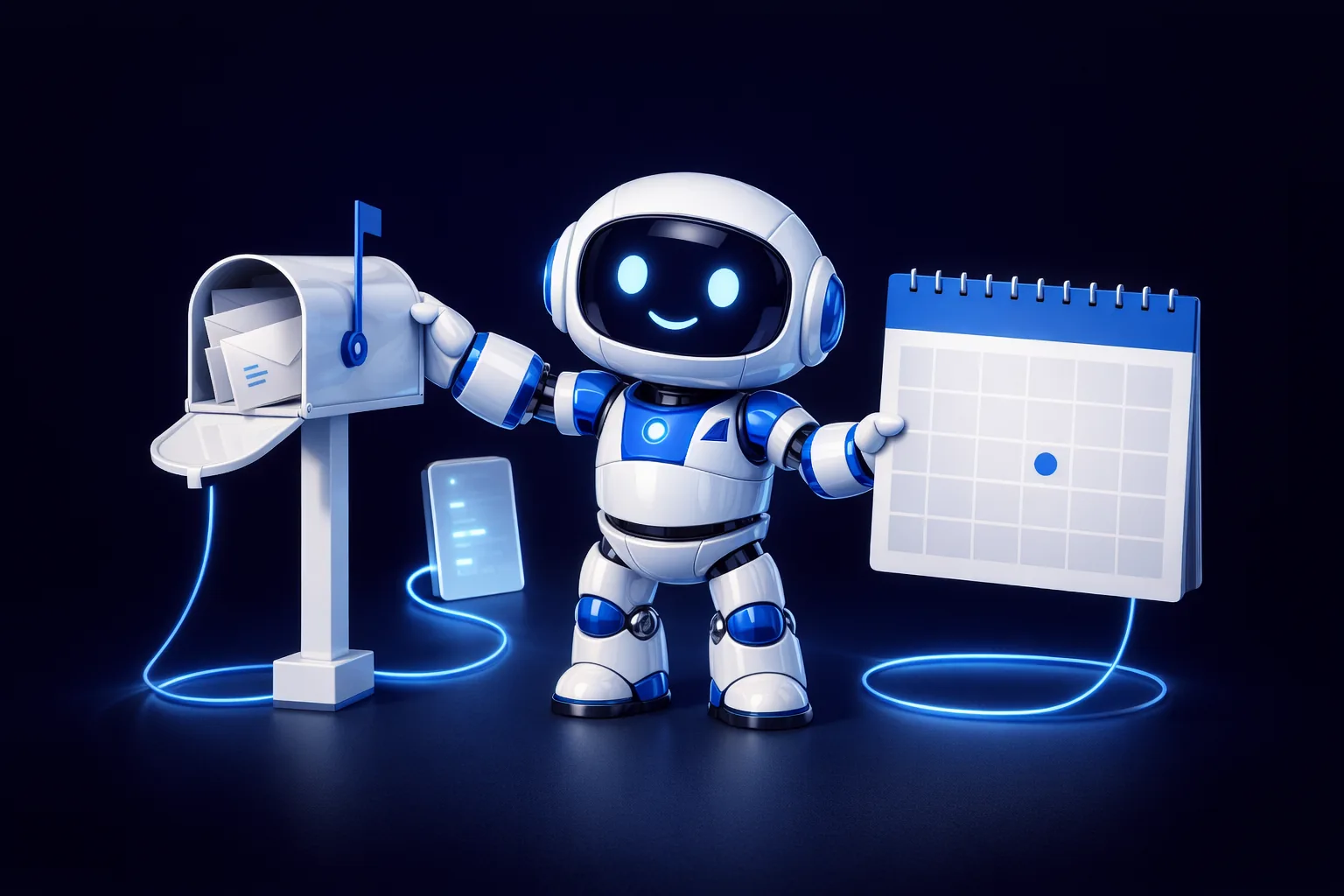 Glossy 3D illustration of Pip, a small white and blue robot, standing with one hand on an open mailbox and the other on a large wall calendar with a blue header and one marked day, two separate glowing cables running from each to a single tablet behind him, representing mail and calendar as two separate connections to one assistant