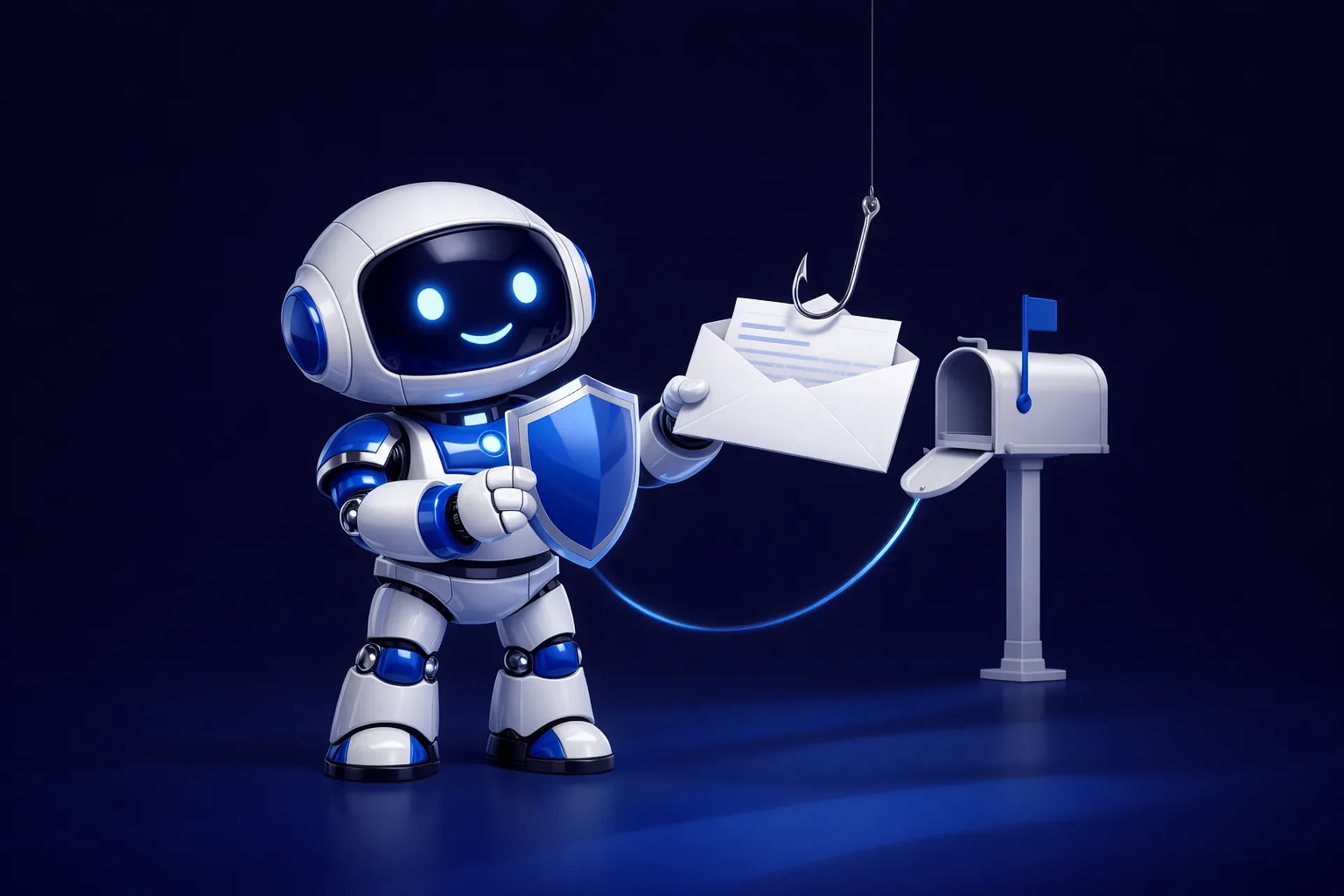 Glossy 3D illustration of Pip, a small white and blue robot, holding an open envelope out at arm's length with a chrome fish hook rising from it on a line, a small blue shield raised between himself and the hook, and a mailbox behind him, representing an email that carries instructions aimed at the assistant reading it