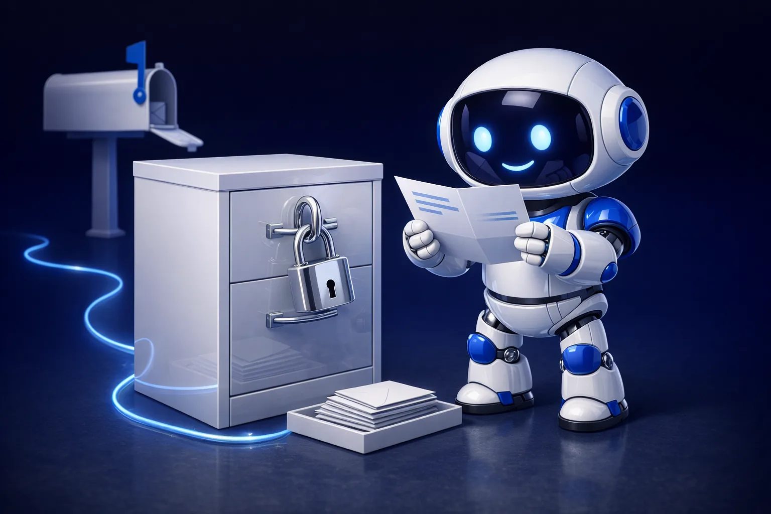 Glossy 3D illustration of Pip, a small white and blue robot, reading an open letter beside a white filing cabinet whose top drawer is secured with a chrome padlock, with a tray of envelopes waiting on the ground, representing an AI that can read a mailbox but has no tool to file into its folders