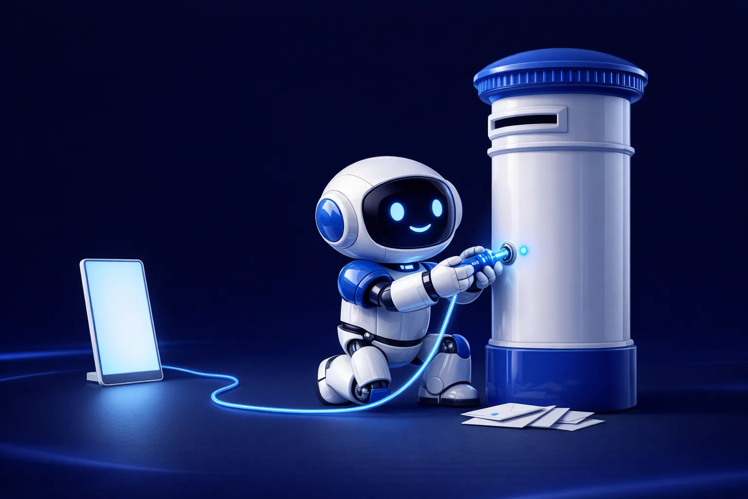 Glossy 3D illustration of Pip, a small white and blue robot, kneeling to plug a glowing blue cable from a tablet into a socket on an ordinary white pillar post box with a blue cap, envelopes waiting at its foot, representing a custom connector reaching a plain IMAP mailbox that no vendor integration covers