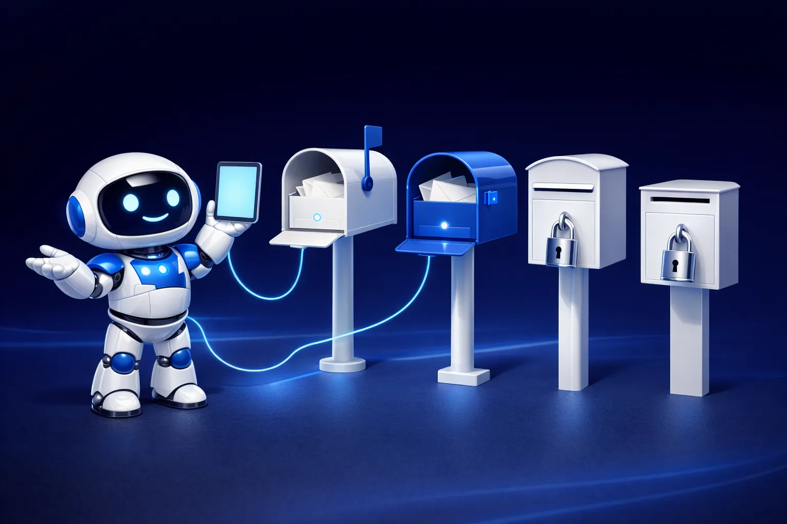 Glossy 3D illustration of Pip, a small white and blue robot, holding a glowing tablet with two blue cables running to two open mailboxes while two further mailboxes beside them are shut with chrome padlocks, representing an AI email integration that reaches some mailbox types and not others