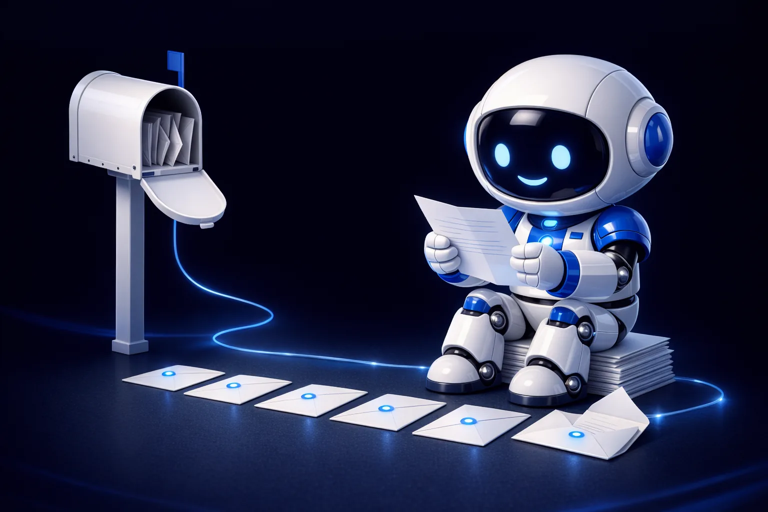 Glossy 3D illustration of Pip, a small white and blue robot, sitting on a stack of post reading an open letter, with a row of envelopes on the ground in front of him each showing a small lit blue indicator light, including the opened one, representing messages that stay unread after an assistant has read them
