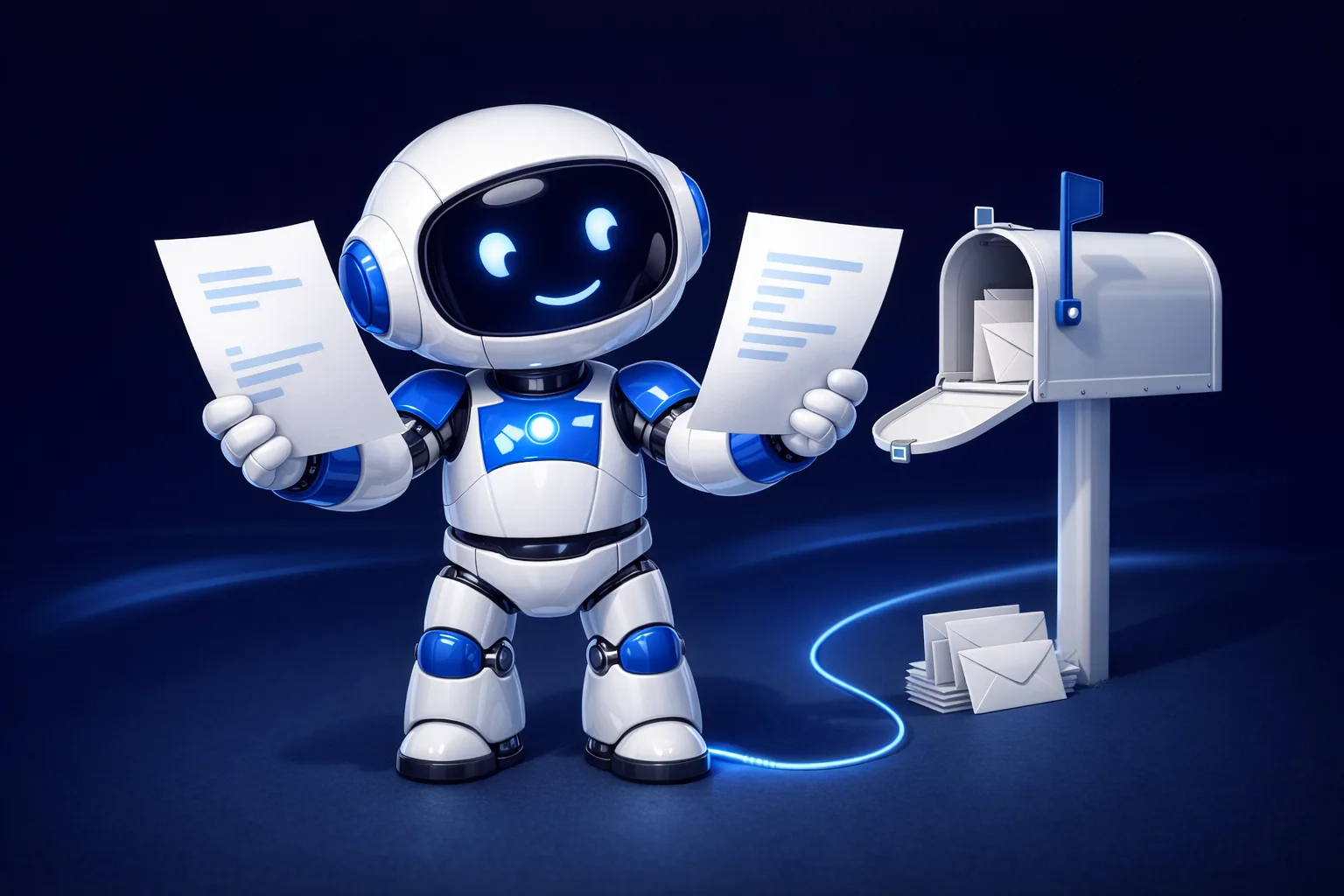 Glossy 3D illustration of Pip, a small white and blue robot, holding up two white documents side by side with differently arranged blue bars on each, head tilted in puzzlement, beside an open mailbox, representing two vendor pages that do not agree with each other