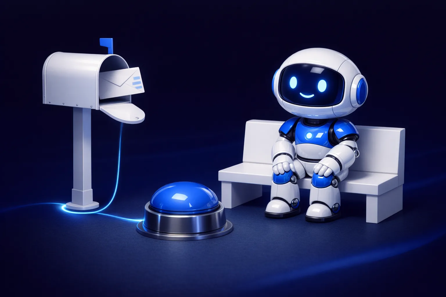 Glossy 3D illustration of Pip, a small white and blue robot, sitting patiently on a white bench beside a mailbox with a letter half out of its slot, looking at a large unlit blue button on the ground in front of him, representing an assistant that does nothing until it is asked
