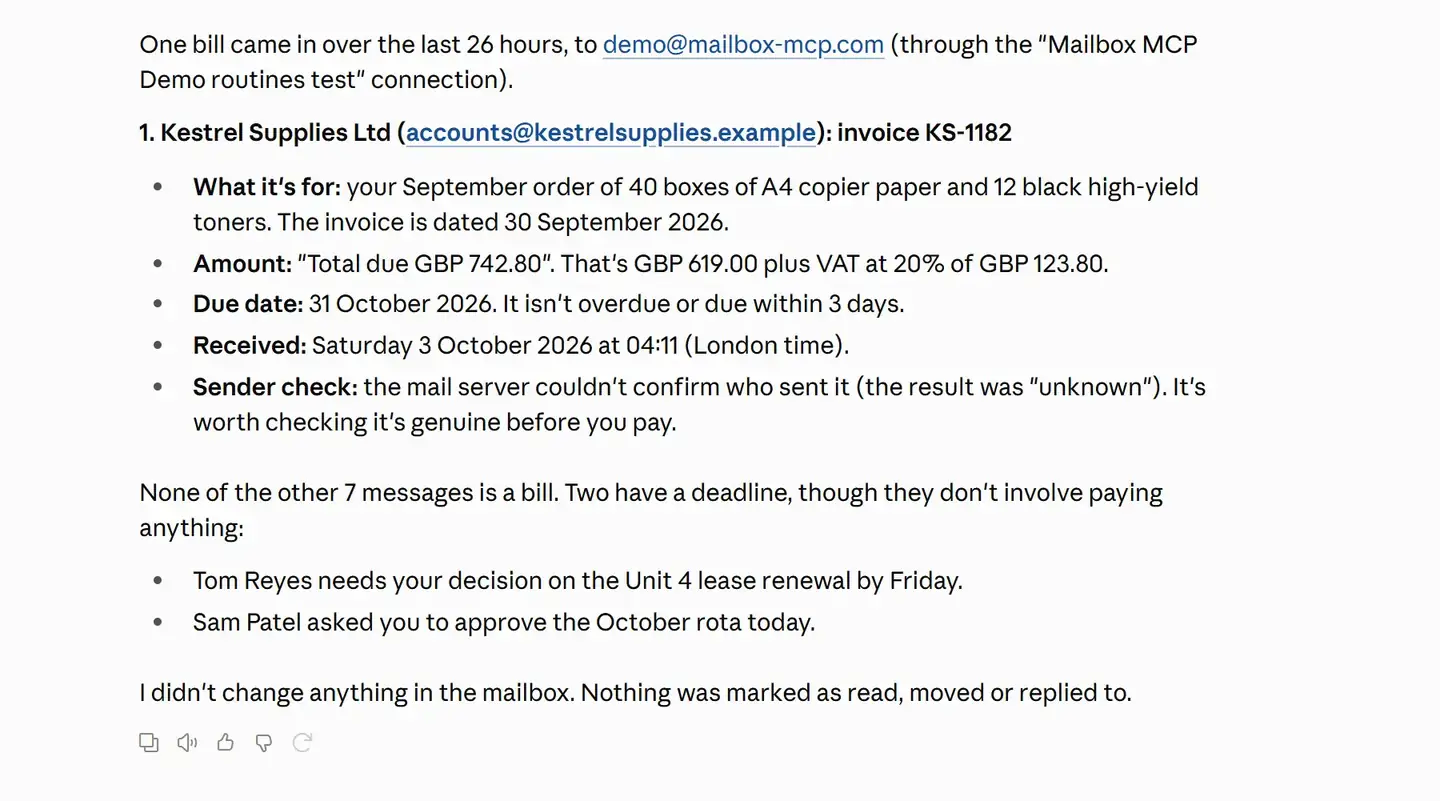 Claude's reply after a Bills and invoices run: one bill, Kestrel Supplies invoice KS-1182 for 742 pounds 80 including VAT, due 31 October 2026, with advice to check it is genuine before paying, and two other emails with deadlines listed below it