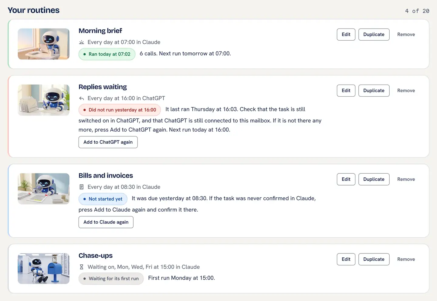 Four saved routines on the Routines tab, each showing a different state: Morning brief ran today at 07:02 with 6 calls; Replies waiting did not run yesterday at 16:00, with when it last ran, what to check and an Add to ChatGPT again button; Bills and invoices not started yet, with an Add to Claude again button; and a Waiting on routine called Chase-ups waiting for its first run